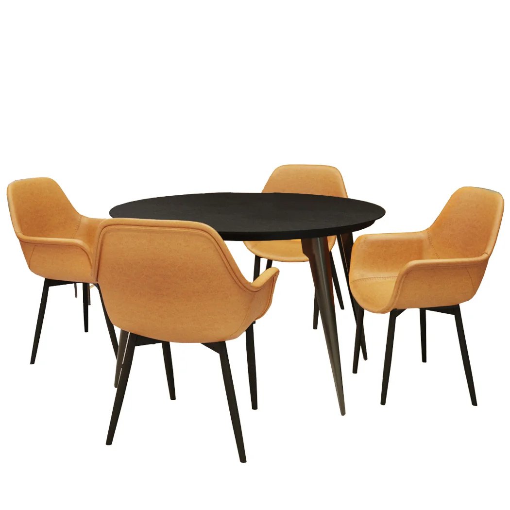 5-Piece Dining Set 47" Round Dining Table 4 Leather Dining Chairs in Ebony/Light Brown