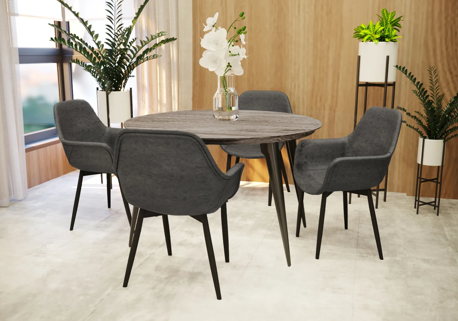 5-Piece Dining Set 47" Round Dining Table 4 Leather Dining Chairs in Weathered Oak/Black