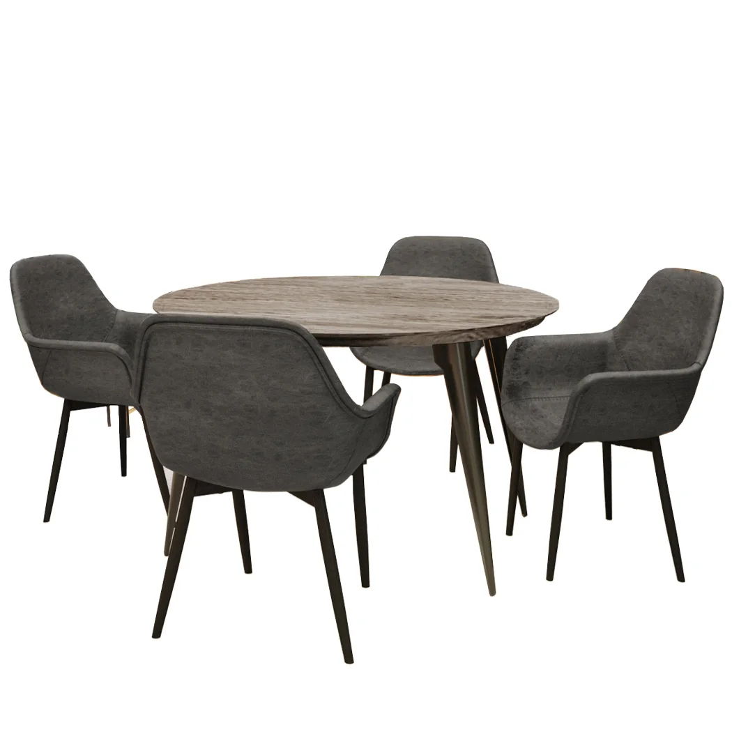 5-Piece Dining Set 47" Round Dining Table 4 Leather Dining Chairs in Weathered Oak/Black