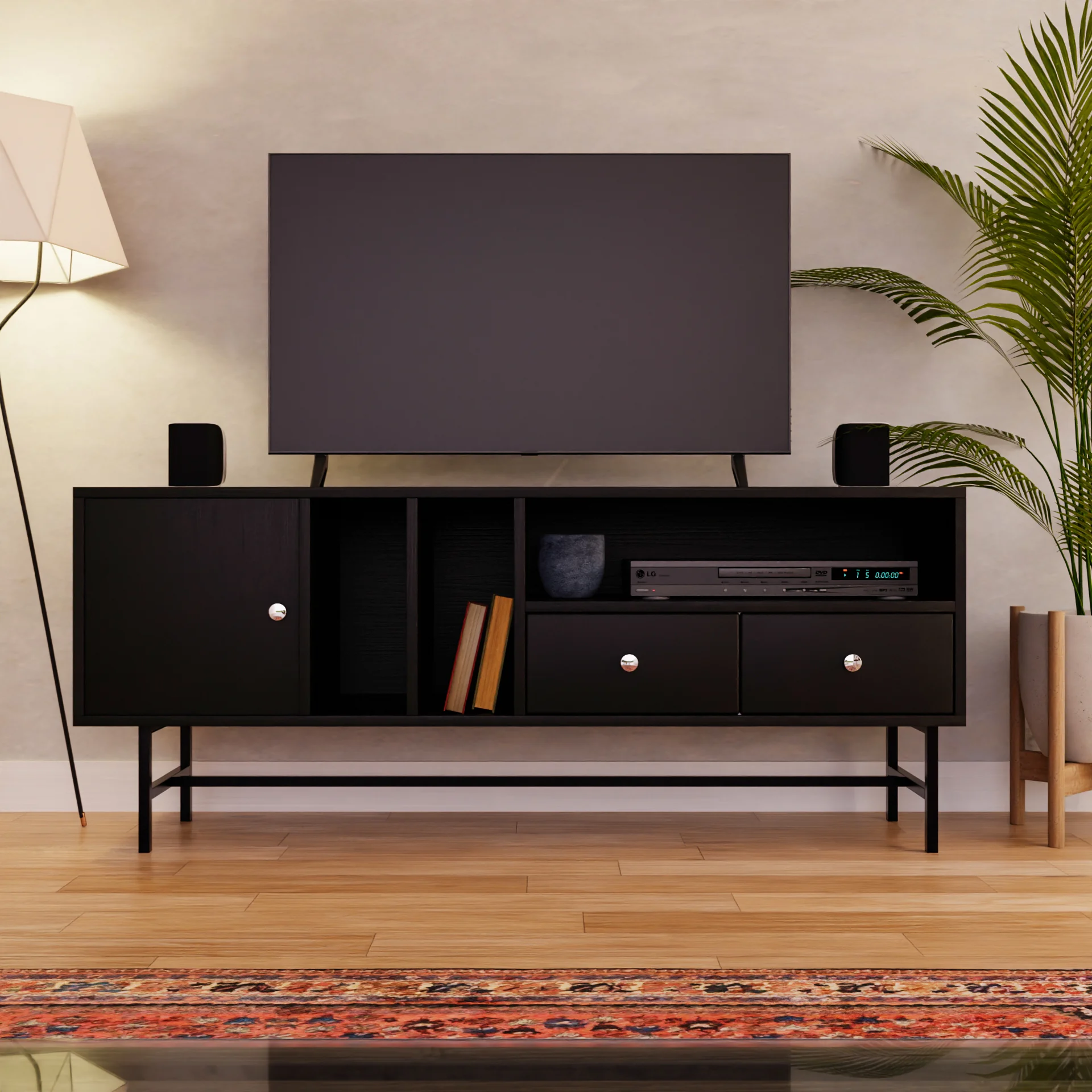 Rochester Modern Rectangular TV Stand with Enclosed Storage and Powder Coated Iron Legs
