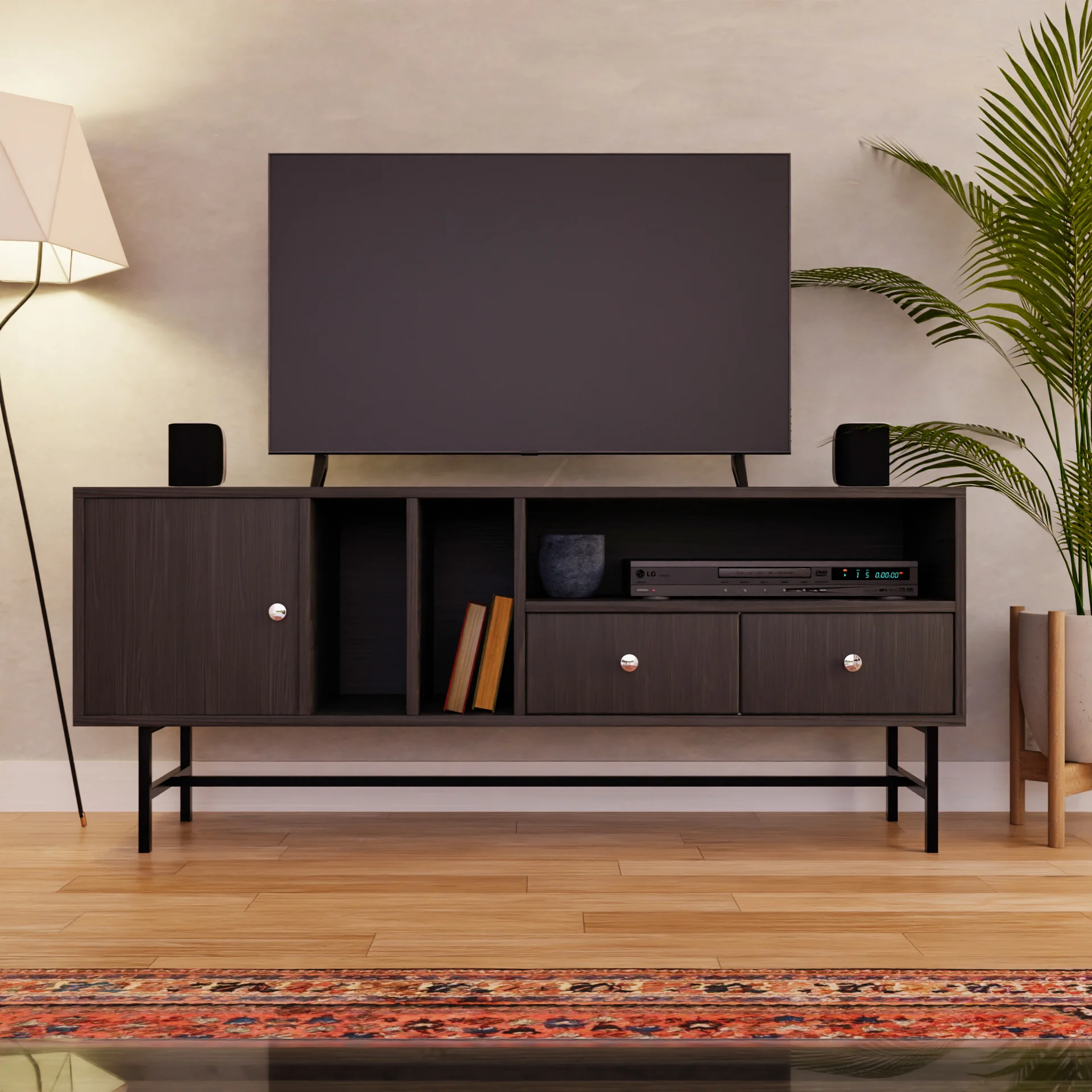Rochester Modern Rectangular TV Stand with Enclosed Storage and Powder Coated Iron Legs