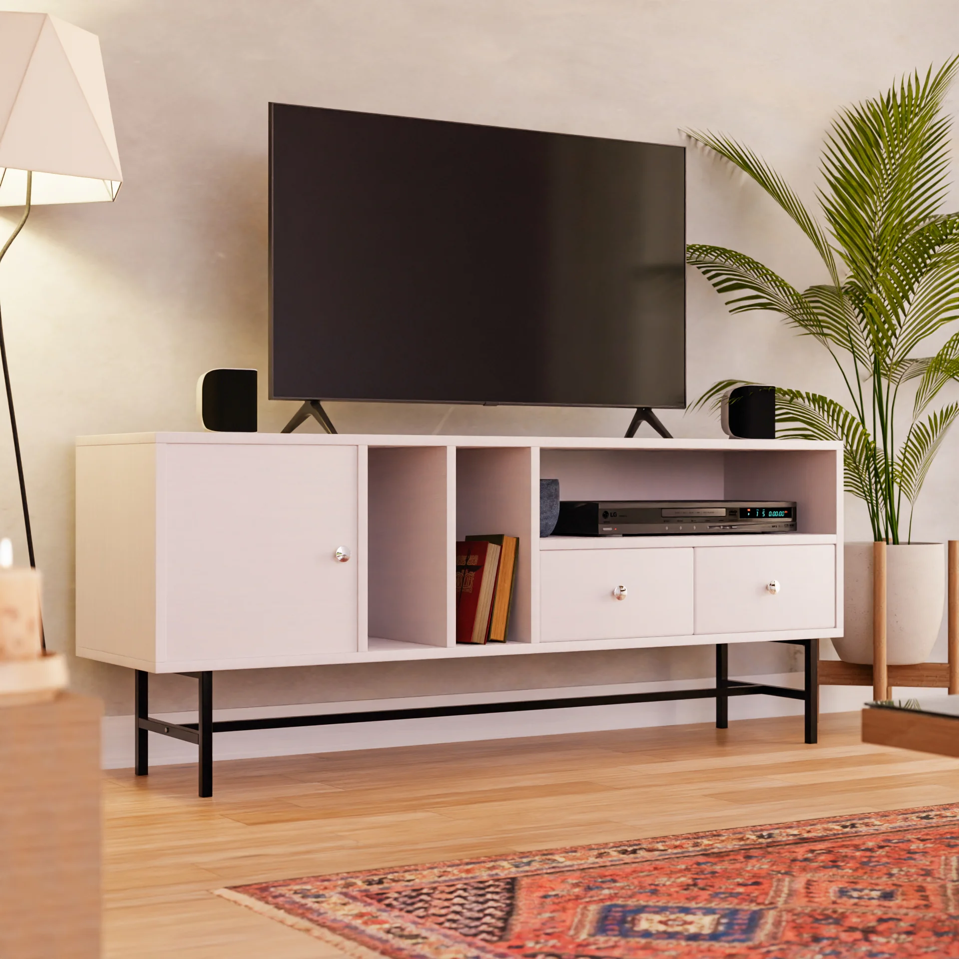 Rochester Modern Rectangular TV Stand with Enclosed Storage and Powder Coated Iron Legs