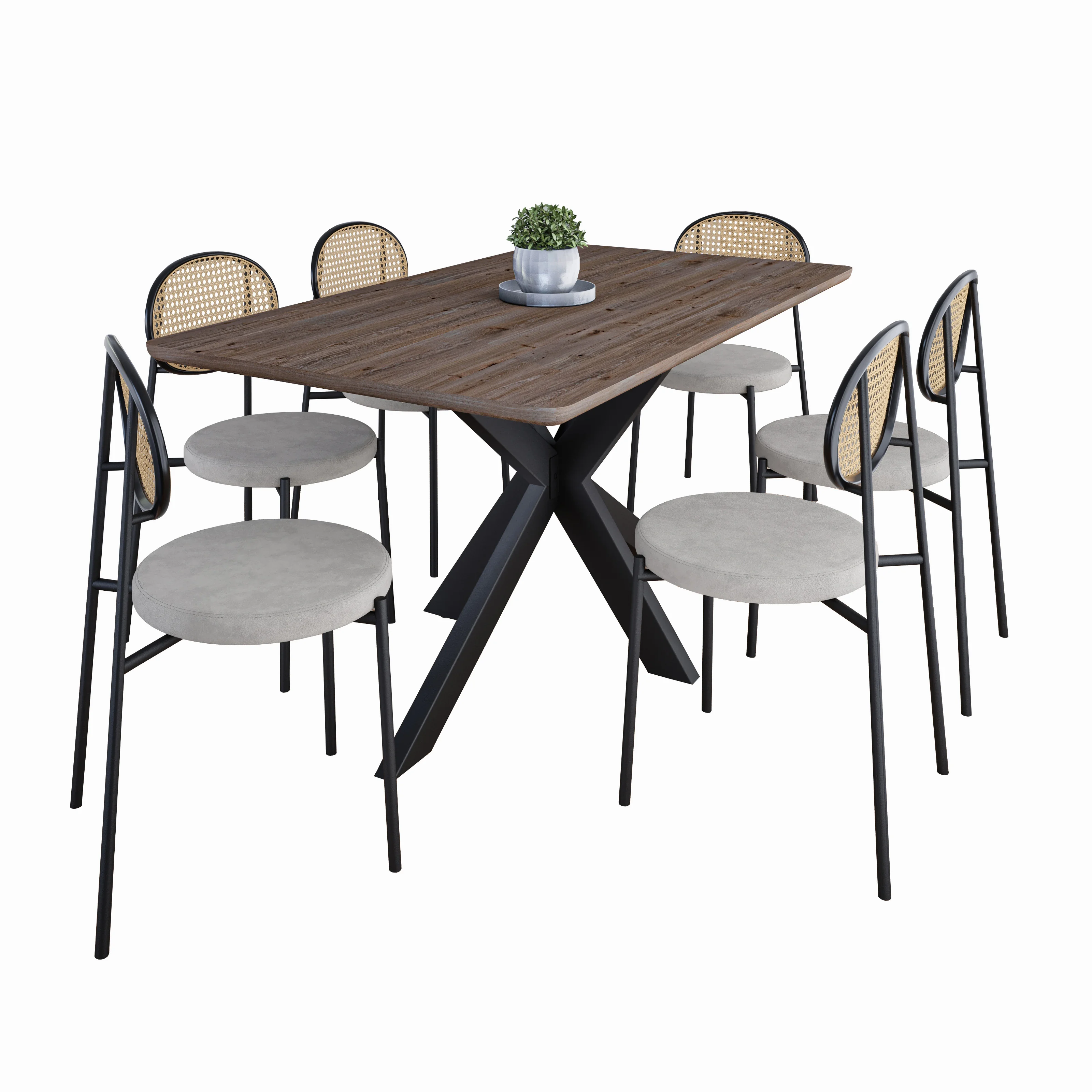 Ravenna 69" Rectangular Wood Dining Table with 6 Euston Wicker Dining Chairs, Rustic Grey/Grey