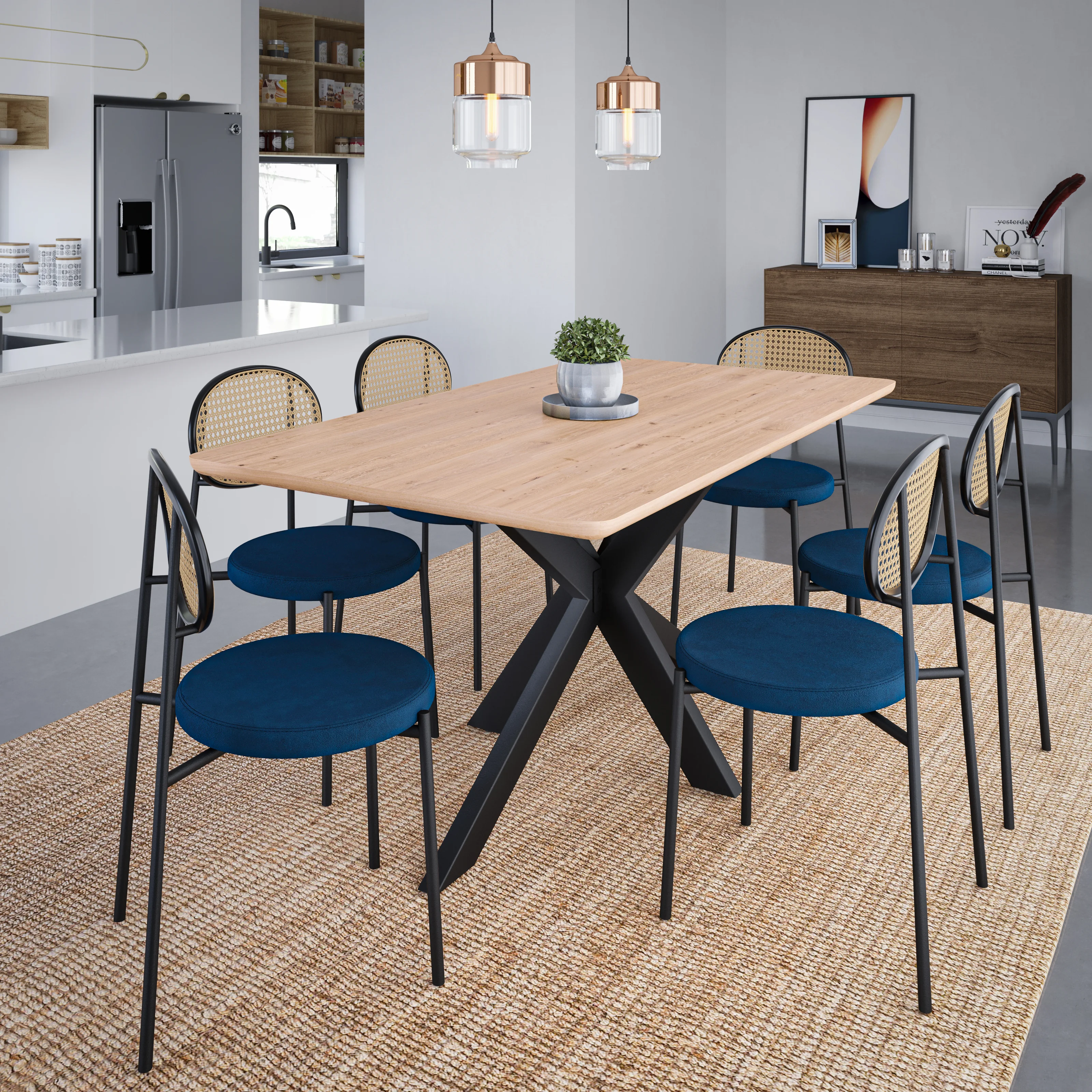Ravenna 69" Rectangular Wood Dining Table with 6 Euston Wicker Dining Chairs, Maple/Navy Blue