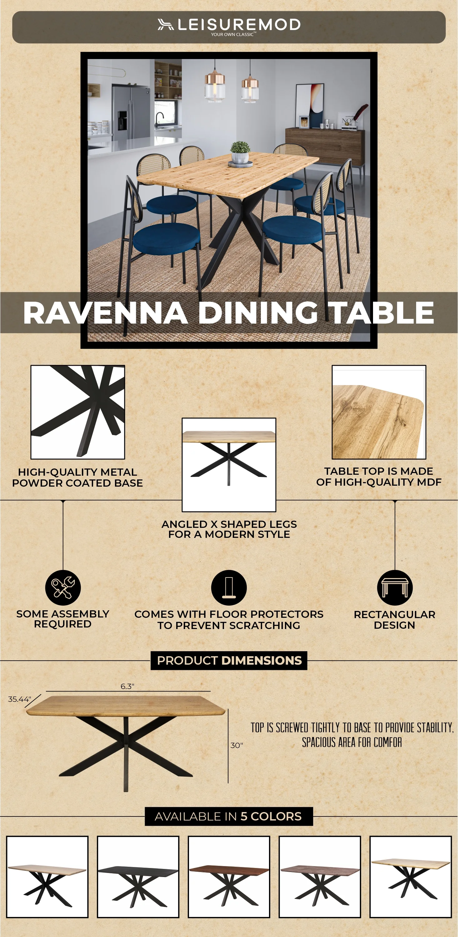 Ravenna 63" Rectangular Wood Dining Table With Modern Metal Base