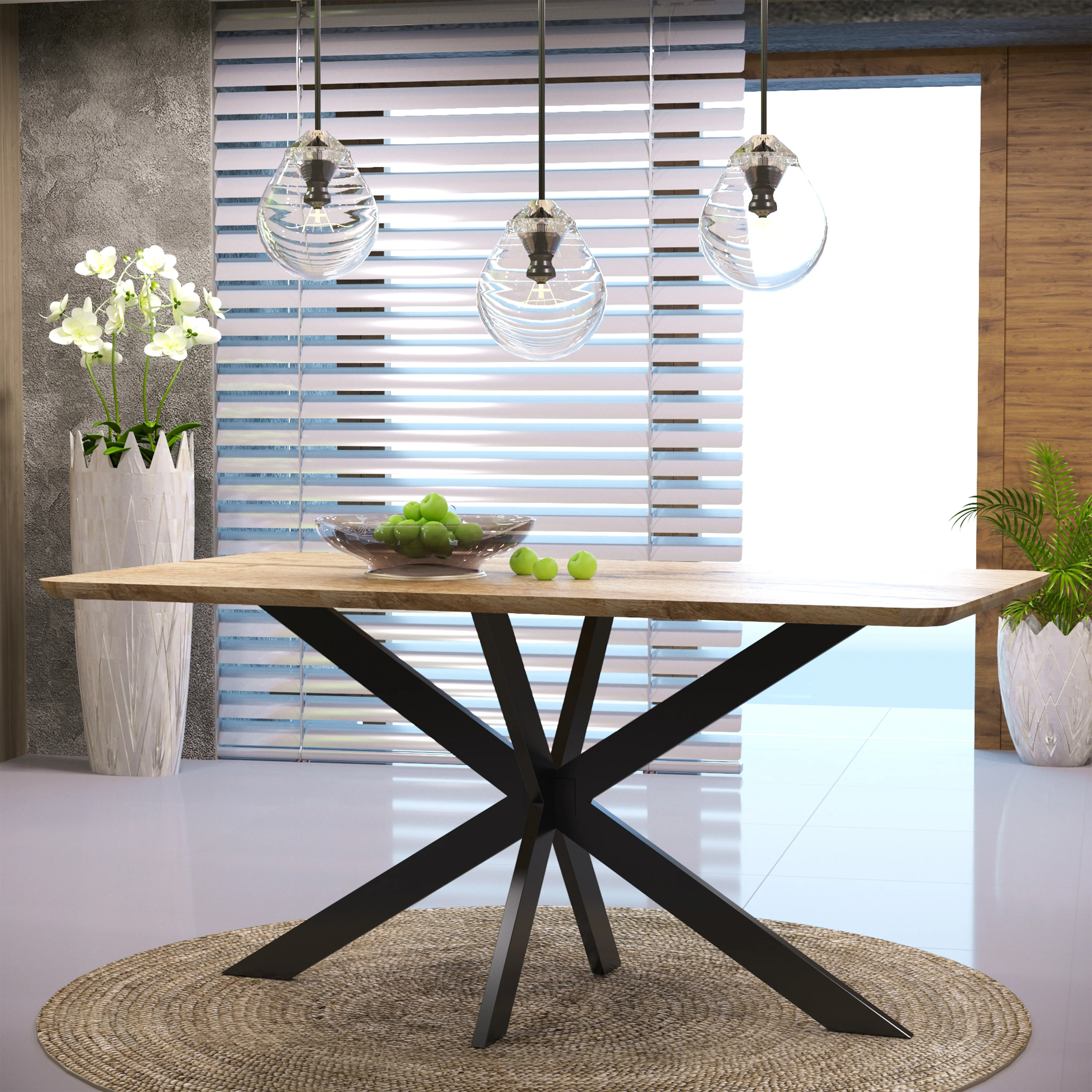 Ravenna 63" Rectangular Wood Dining Table With Modern Metal Base