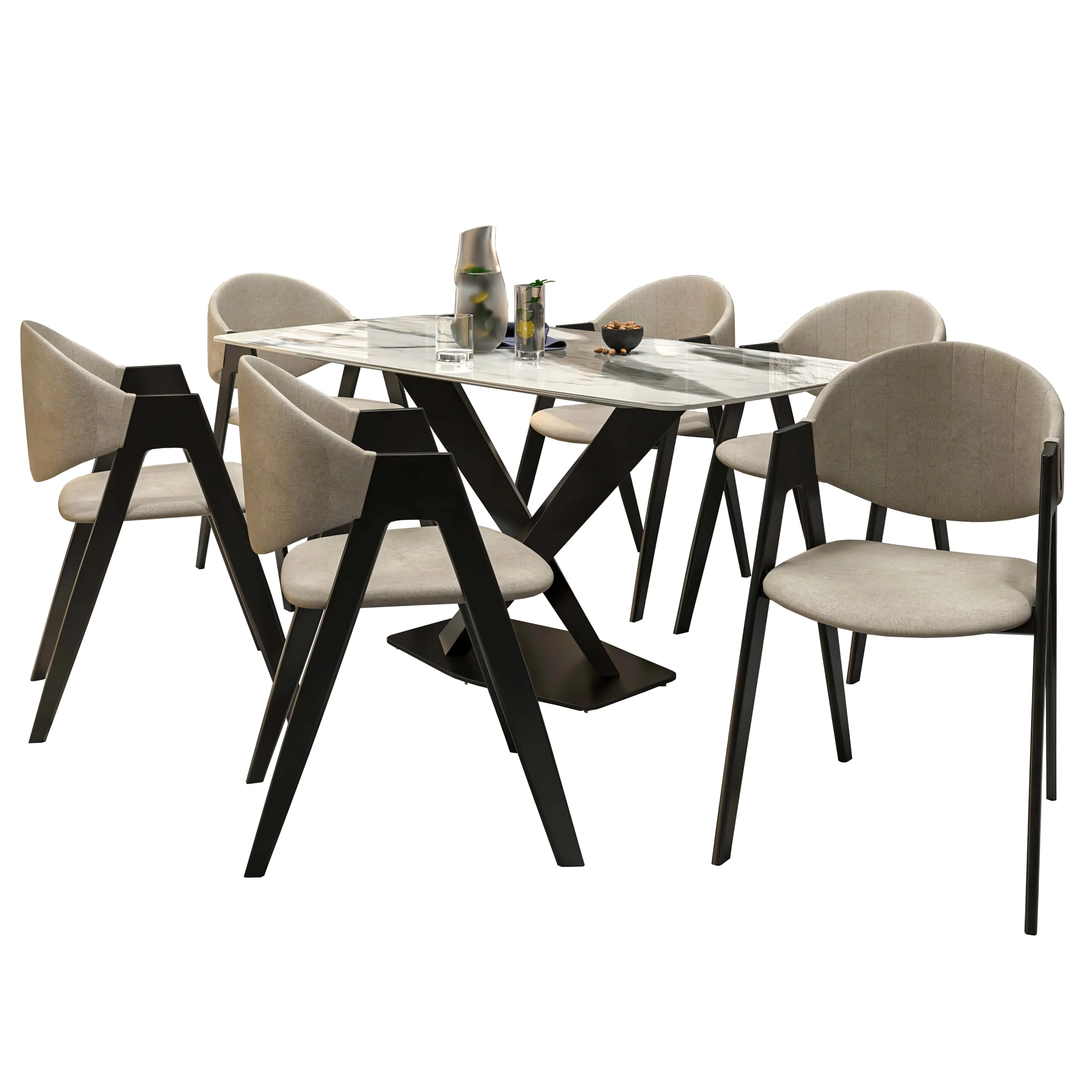 7-Piece Dining Set with Rectangular Sintered Stone Dining Table and 6 Upholstered Dining Chairs