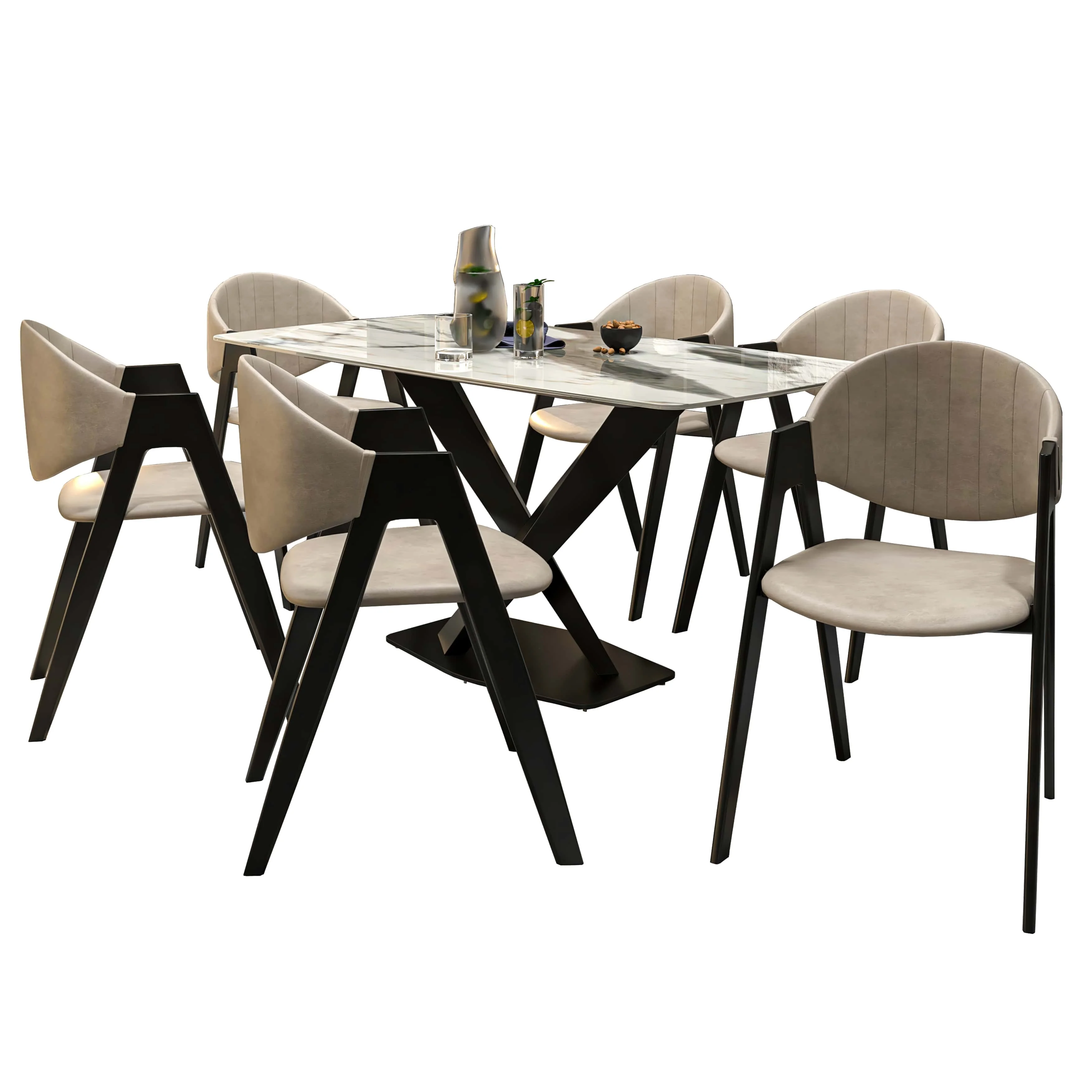 7-Piece Dining Set with Rectangular Sintered Stone Dining Table and 6 Upholstered Dining Chairs