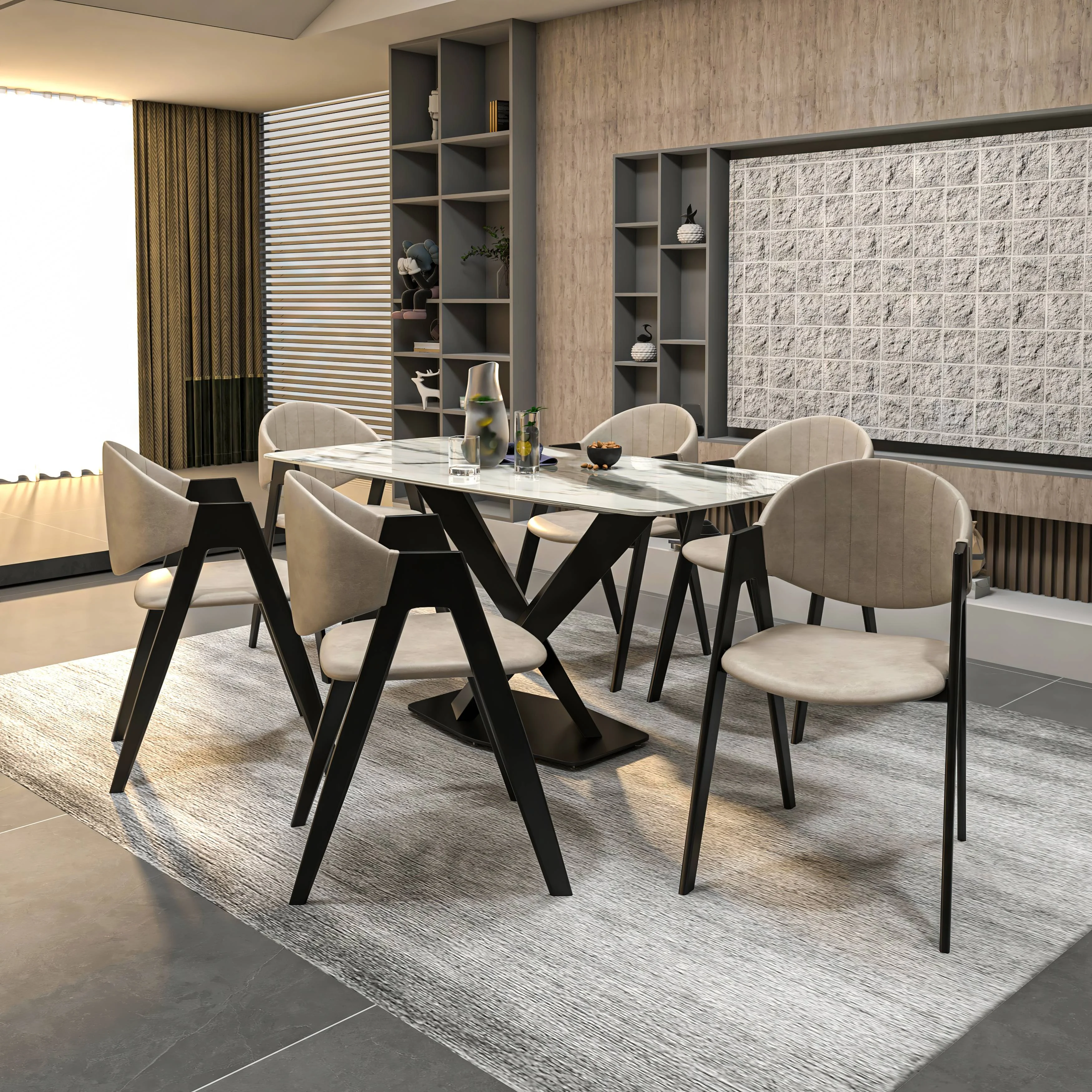 7-Piece Dining Set with Rectangular Sintered Stone Dining Table and 6 Upholstered Dining Chairs