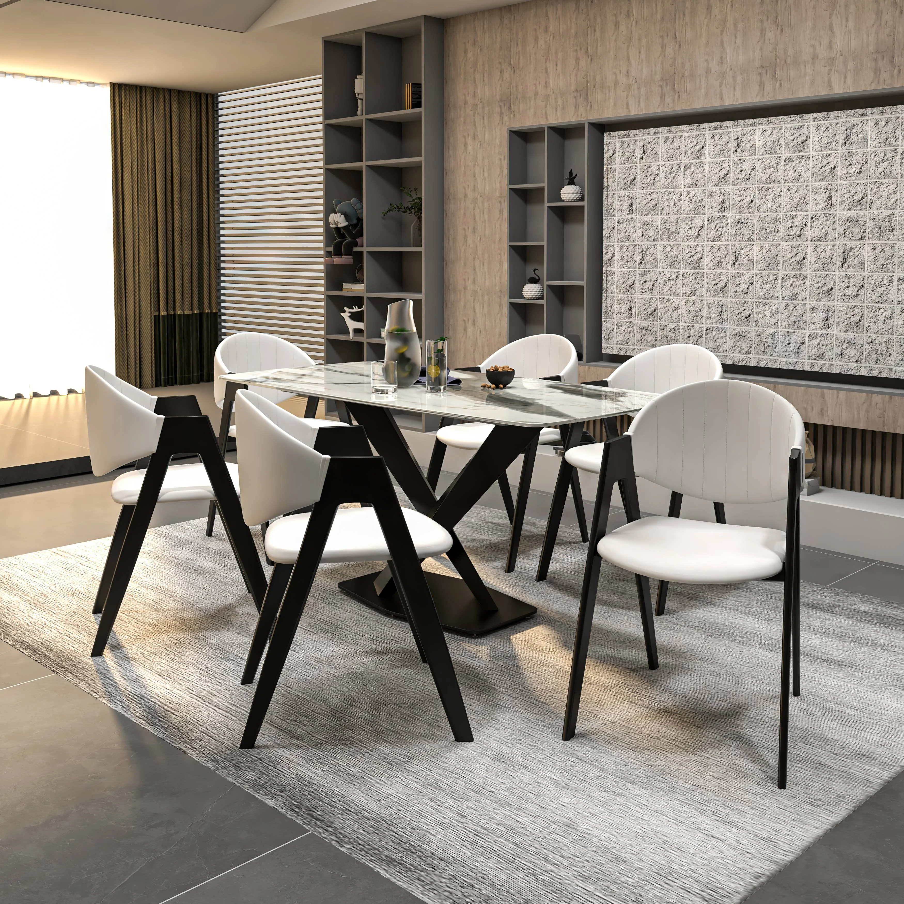 7-Piece Dining Set with Rectangular Sintered Stone Dining Table and 6 Upholstered Dining Chairs
