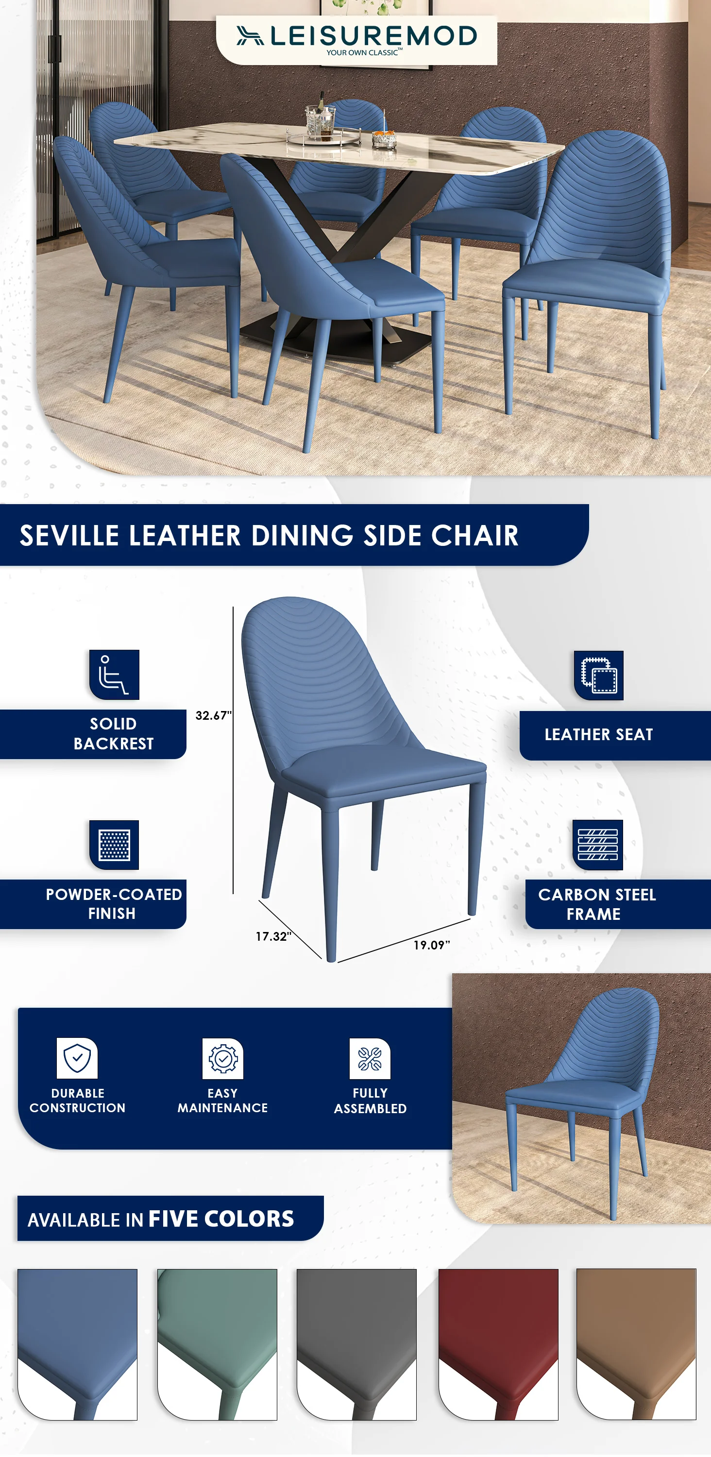 Seville Collection Modern Dining Chair in Navy Blue