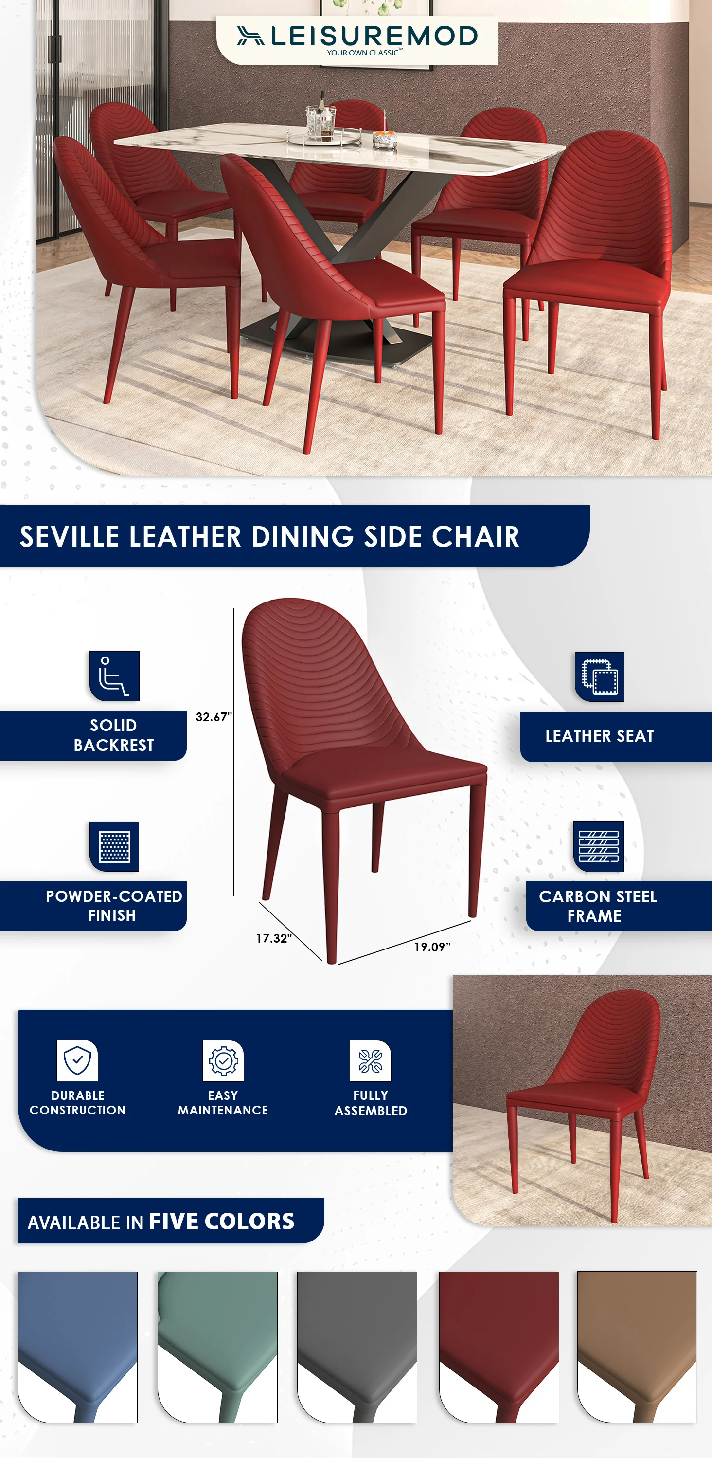 Seville Collection Modern Dining Chair in Red - Set of 4
