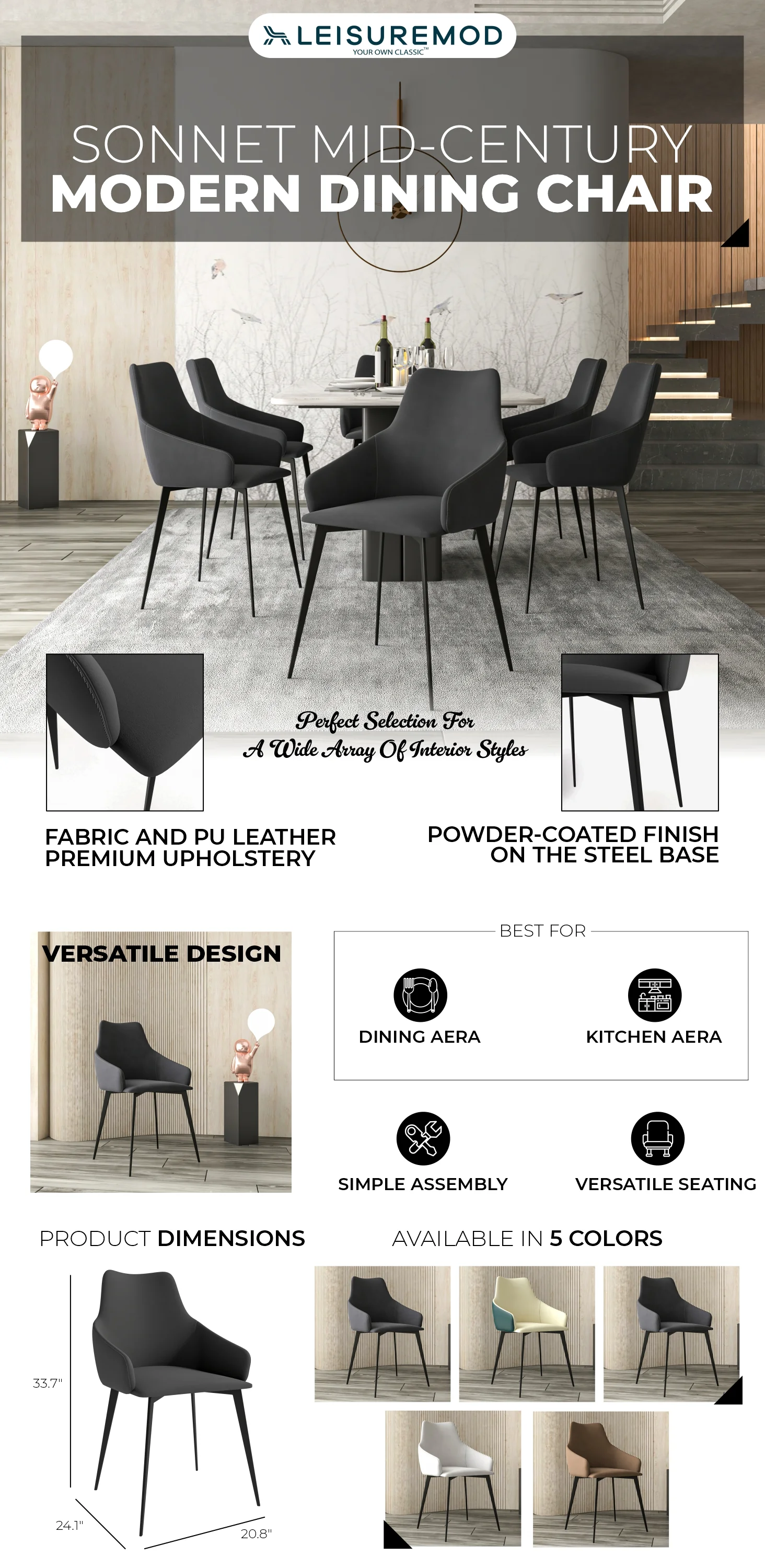 Sonnet Series Modern Dining Chair in Charcoal Fabric - Set of 2