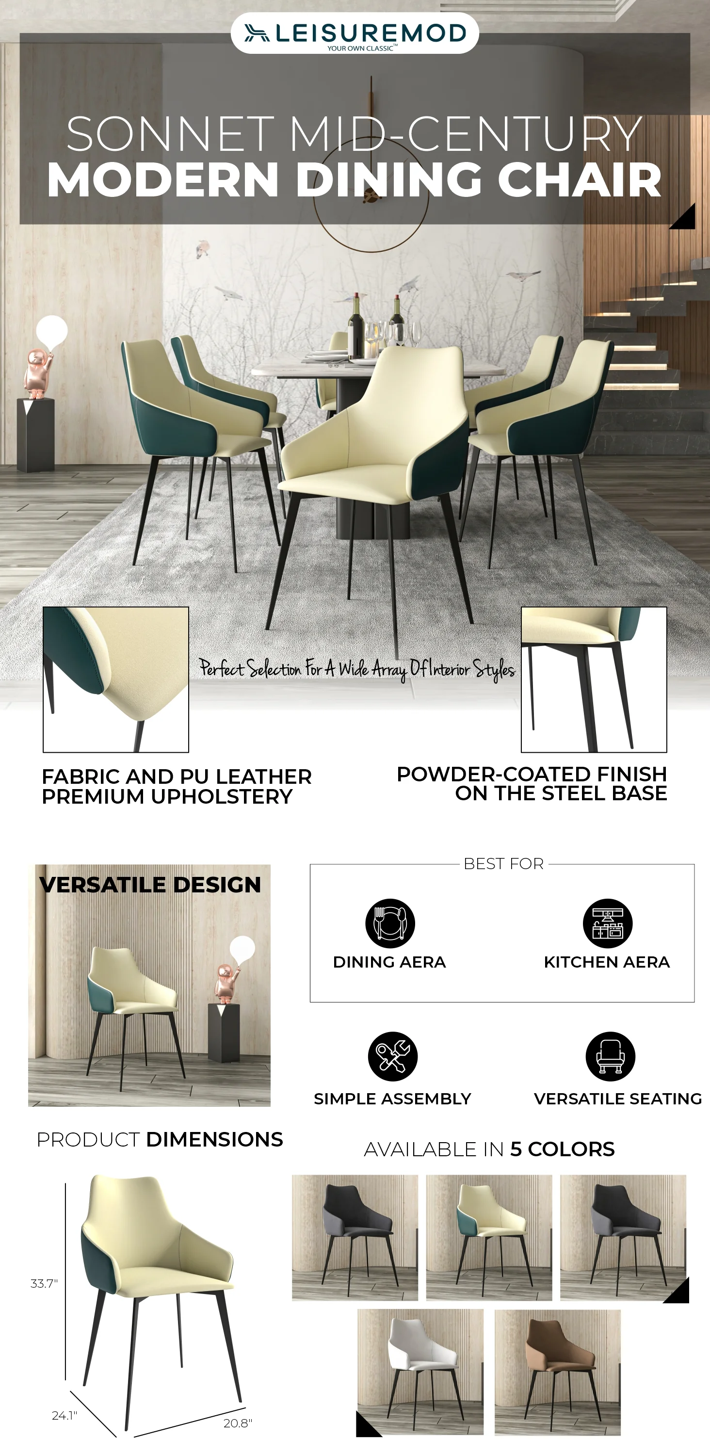 Sonnet Series Modern Dining Chair in Charcoal Fabric - Set of 4