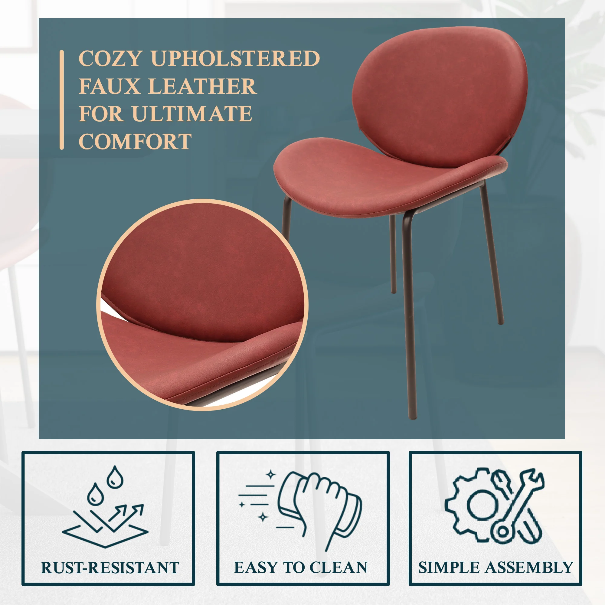 Servos Modern Dining Side Chair with Upholstered Faux Leather Seat and Powder Coated Iron Frame for Kitchen and Dining Room, Bordeaux