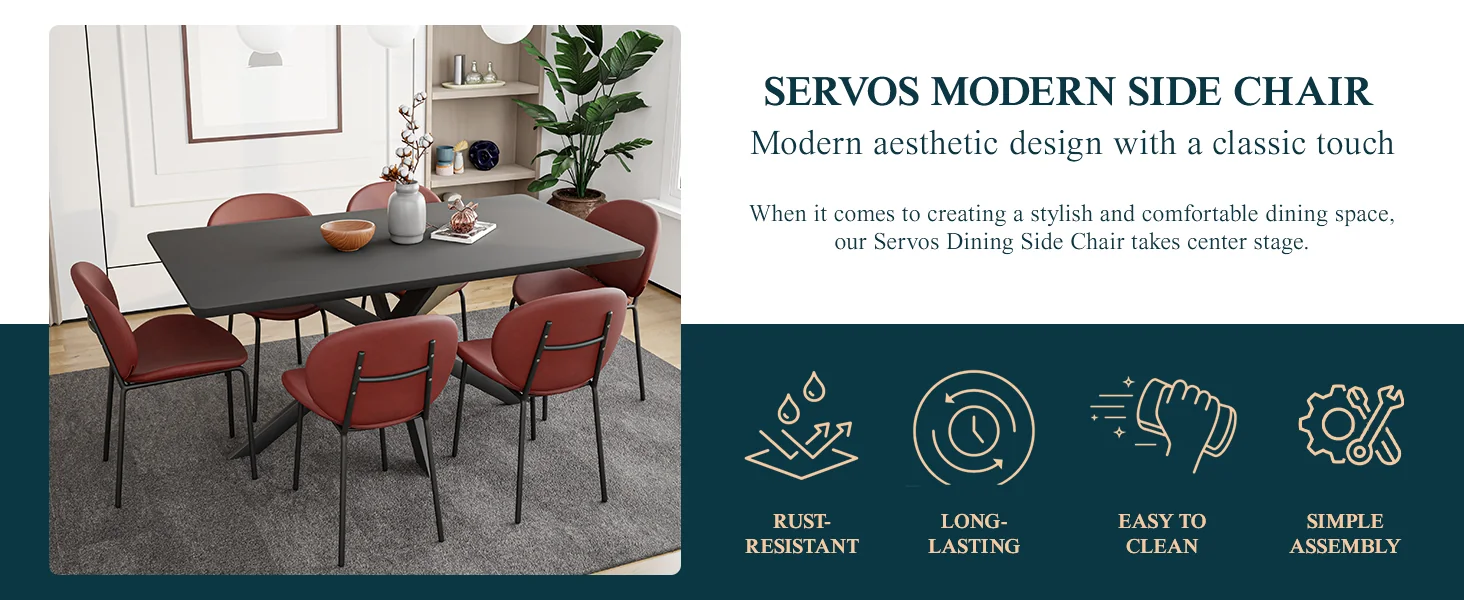 Servos Modern Dining Side Chair with Upholstered Faux Leather Seat and Powder Coated Iron Frame for Kitchen and Dining Room, Bordeaux