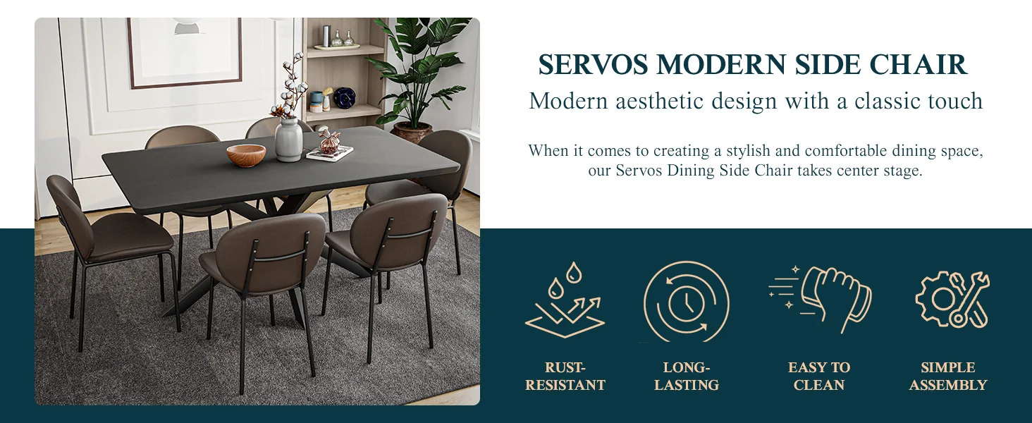 Servos Modern Dining Side Chair with Upholstered Faux Leather Seat and Powder Coated Iron Frame for Kitchen and Dining Room, Elephant Grey