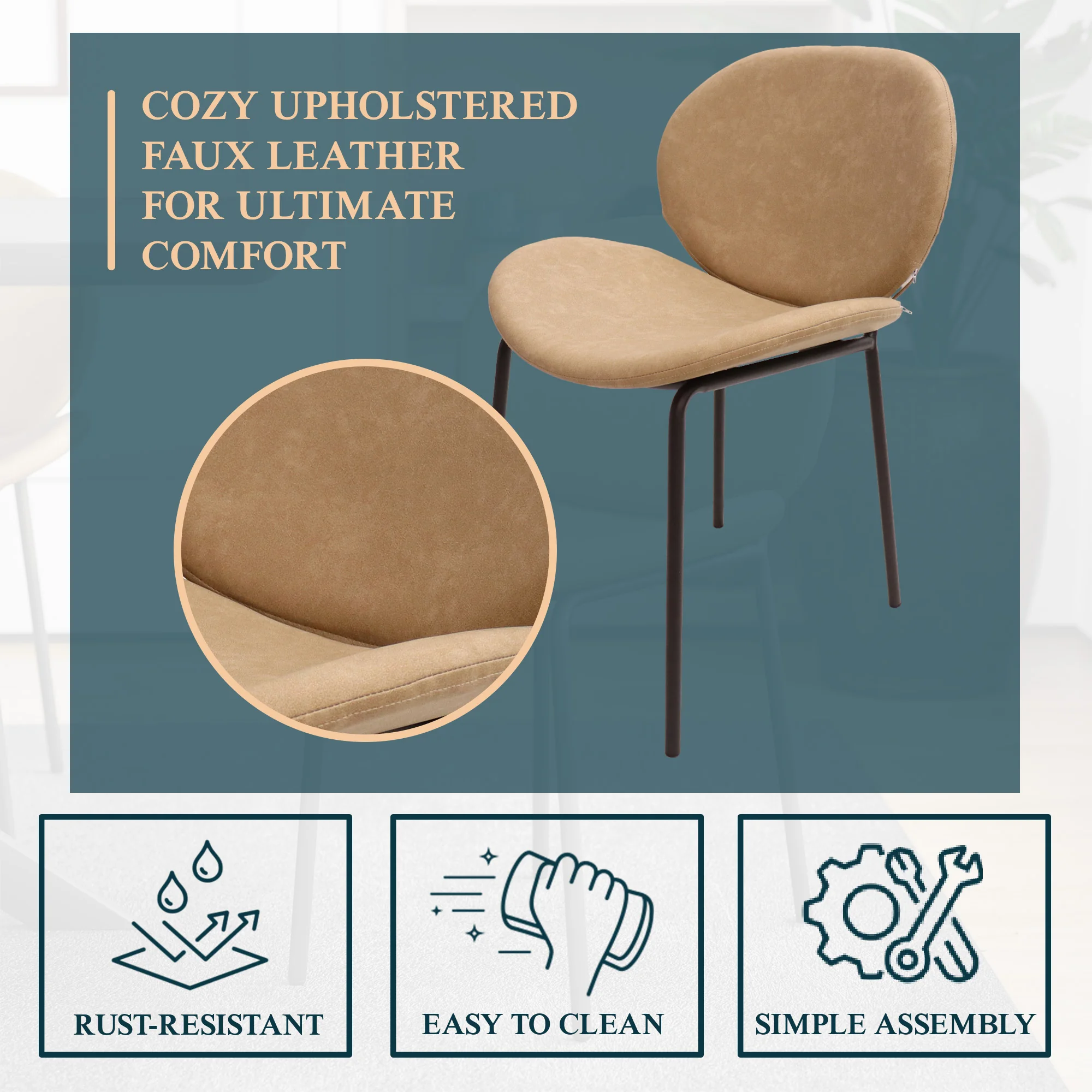 Servos Modern Dining Side Chair with Upholstered Faux Leather Seat and Powder Coated Iron Frame for Kitchen and Dining Room, Sand Brown