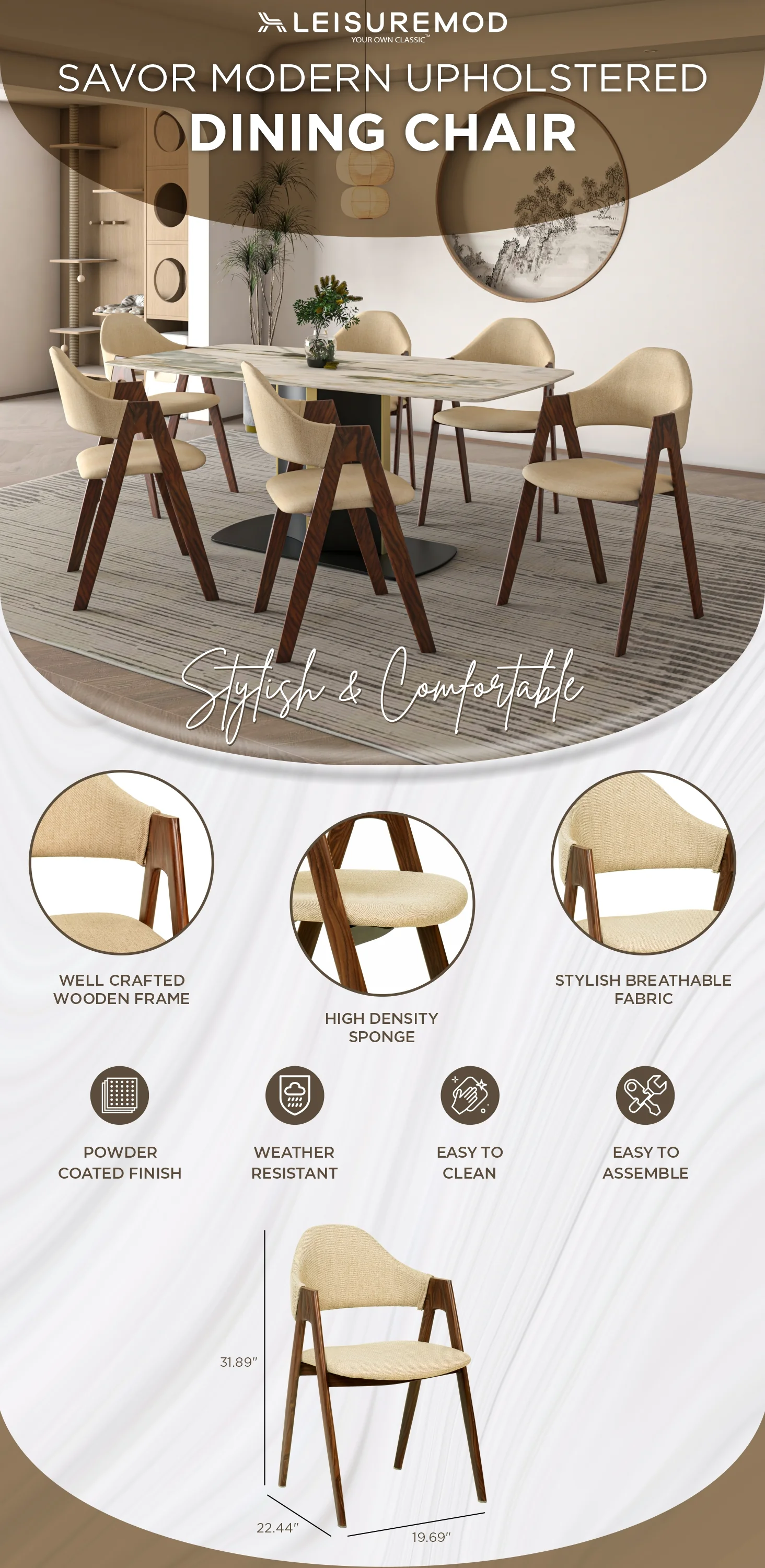 Savor Collection Modern Dining Chair Wood Pattern in Brown