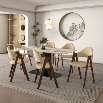 7-Piece Dining Set with Rectangular Sintered Stone Dining Table and 6 Upholstered Dining Chairs