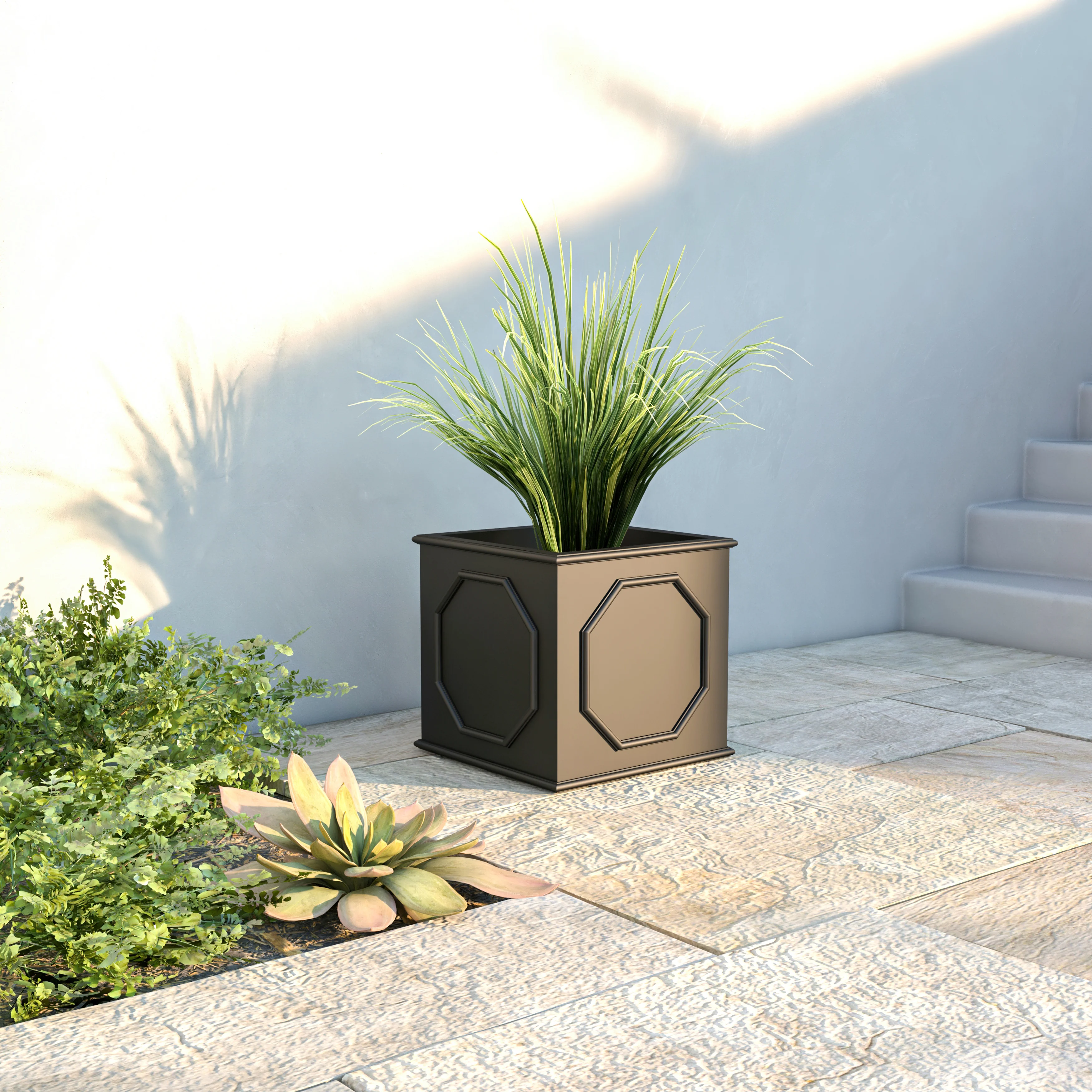 Sprout Series Cubic Fiber Stone Planter in Black 17.7 Cube