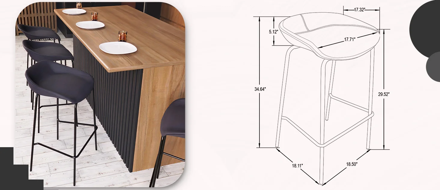 Servos Modern Barstool with Upholstered Faux Leather Seat and Powder Coated Iron Frame in Black