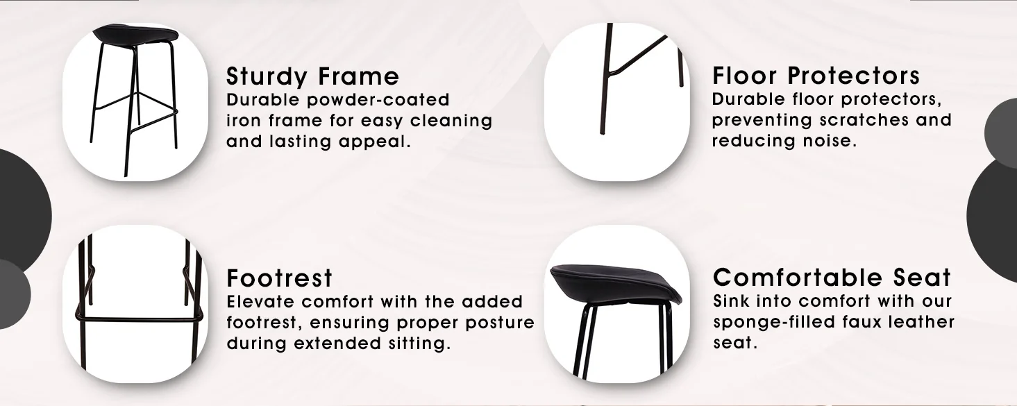 Servos Modern Barstool with Upholstered Faux Leather Seat and Powder Coated Iron Frame in Black