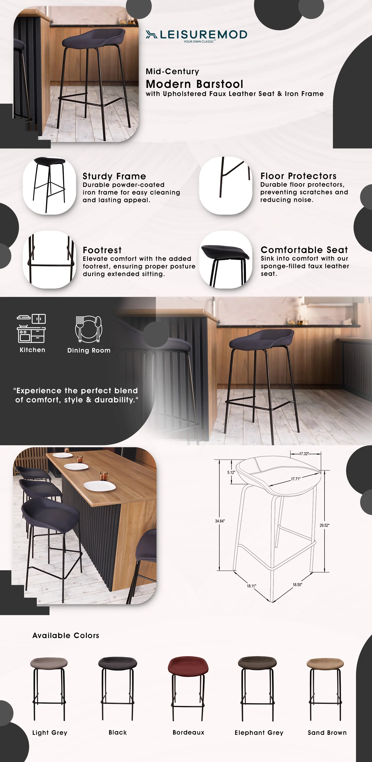 Servos Modern Barstool with Upholstered Faux Leather Seat and Powder Coated Iron Frame in Black