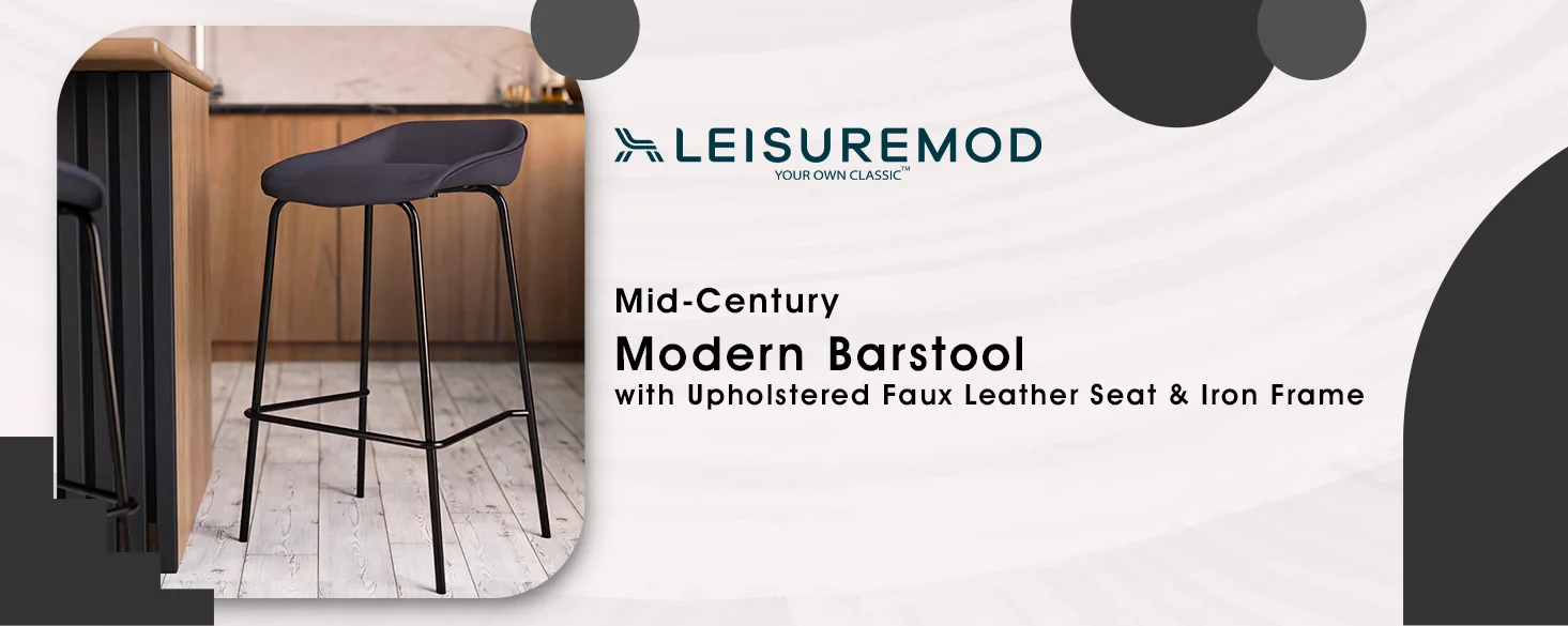 Servos Modern Barstool with Upholstered Faux Leather Seat and Powder Coated Iron Frame in Black