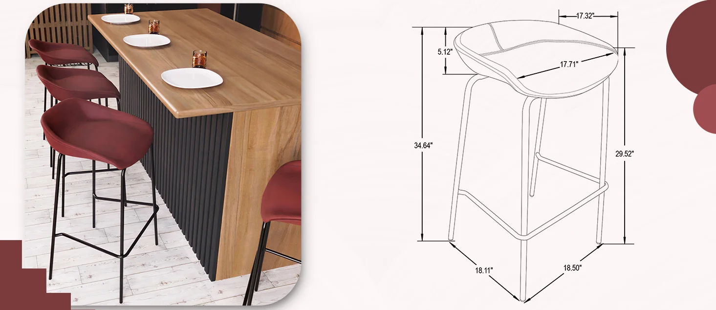 Servos Modern Barstool with Upholstered Faux Leather Seat and Powder Coated Iron Frame in Bordeaux