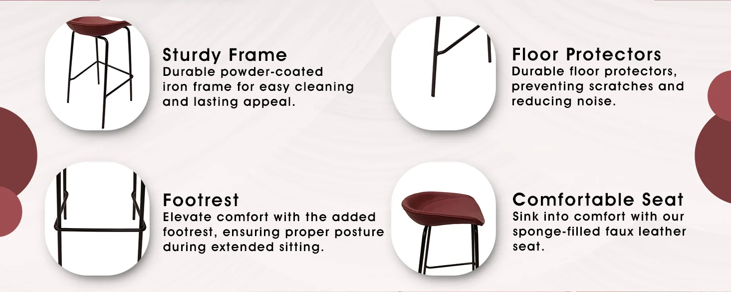 Servos Modern Barstool with Upholstered Faux Leather Seat and Powder Coated Iron Frame in Bordeaux
