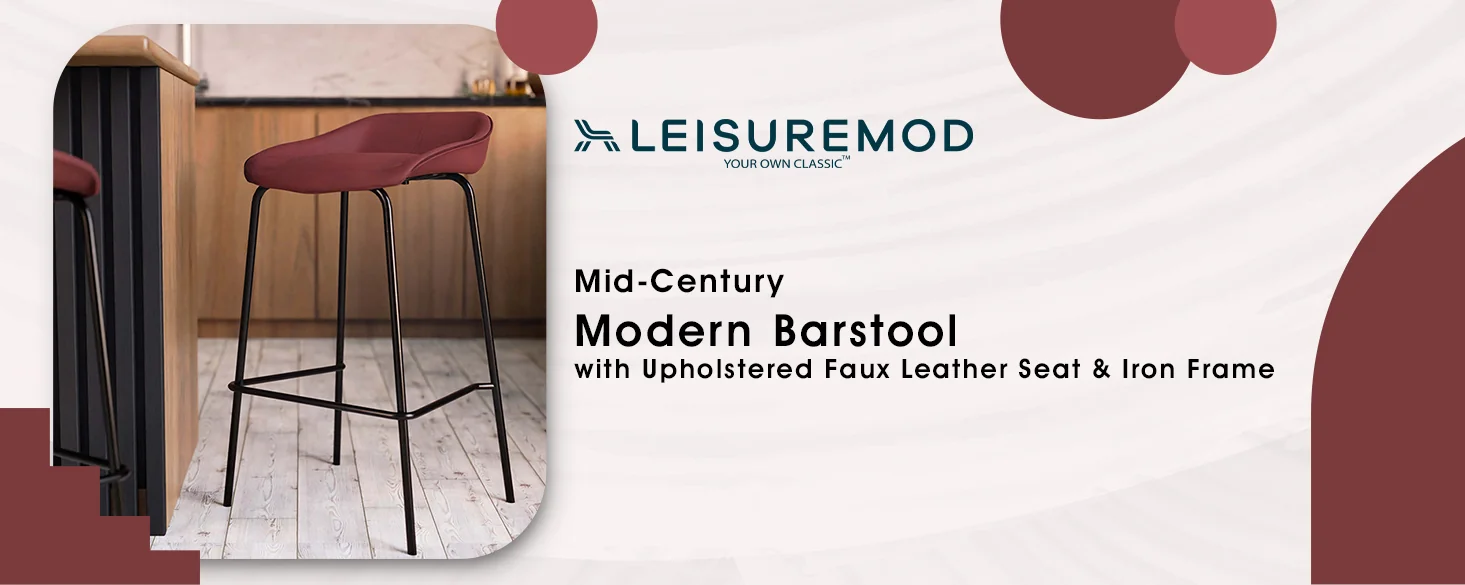 Servos Modern Barstool with Upholstered Faux Leather Seat and Powder Coated Iron Frame in Bordeaux