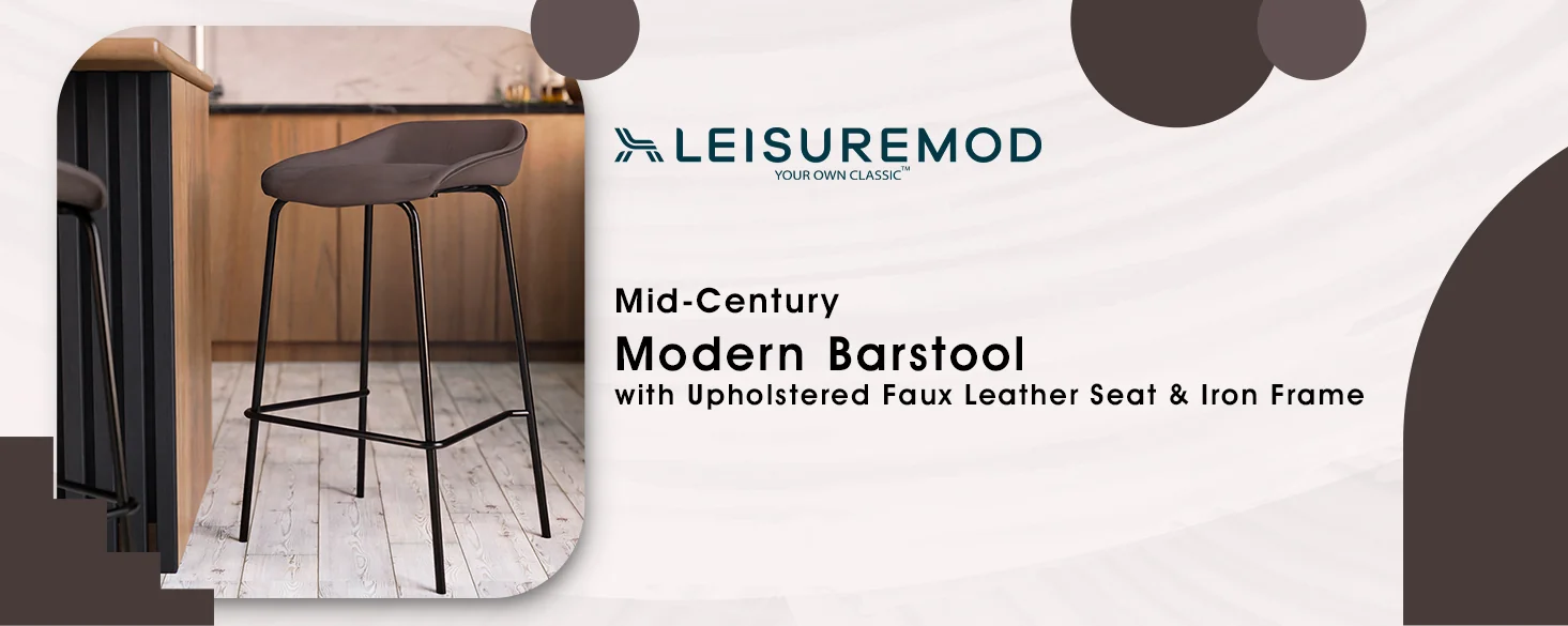 Servos Modern Barstool with Upholstered Faux Leather Seat and Powder Coated Iron Frame in Elephant Grey