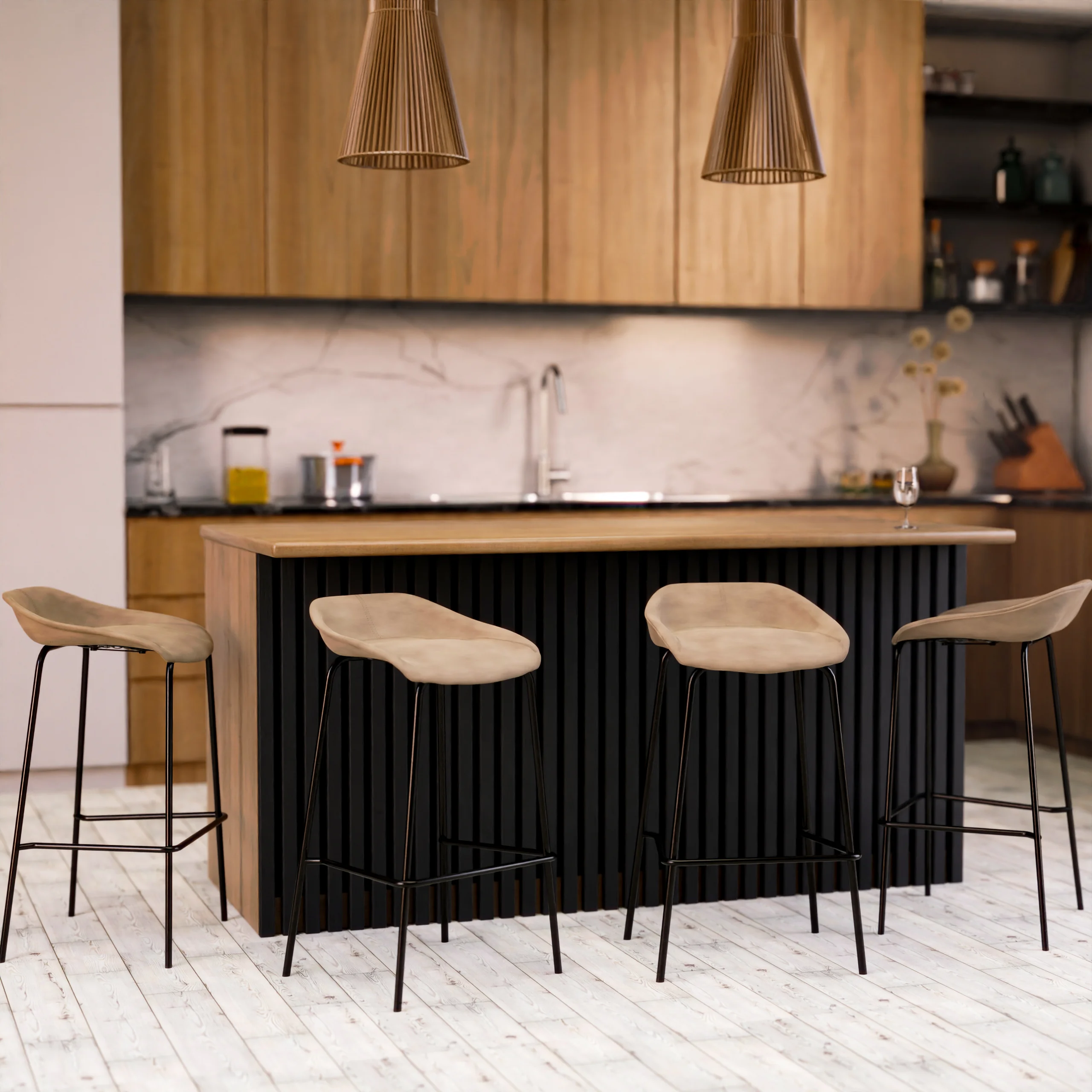 Servos Modern Barstool with Upholstered Faux Leather Seat and Powder Coated Iron Frame in Sand Brown