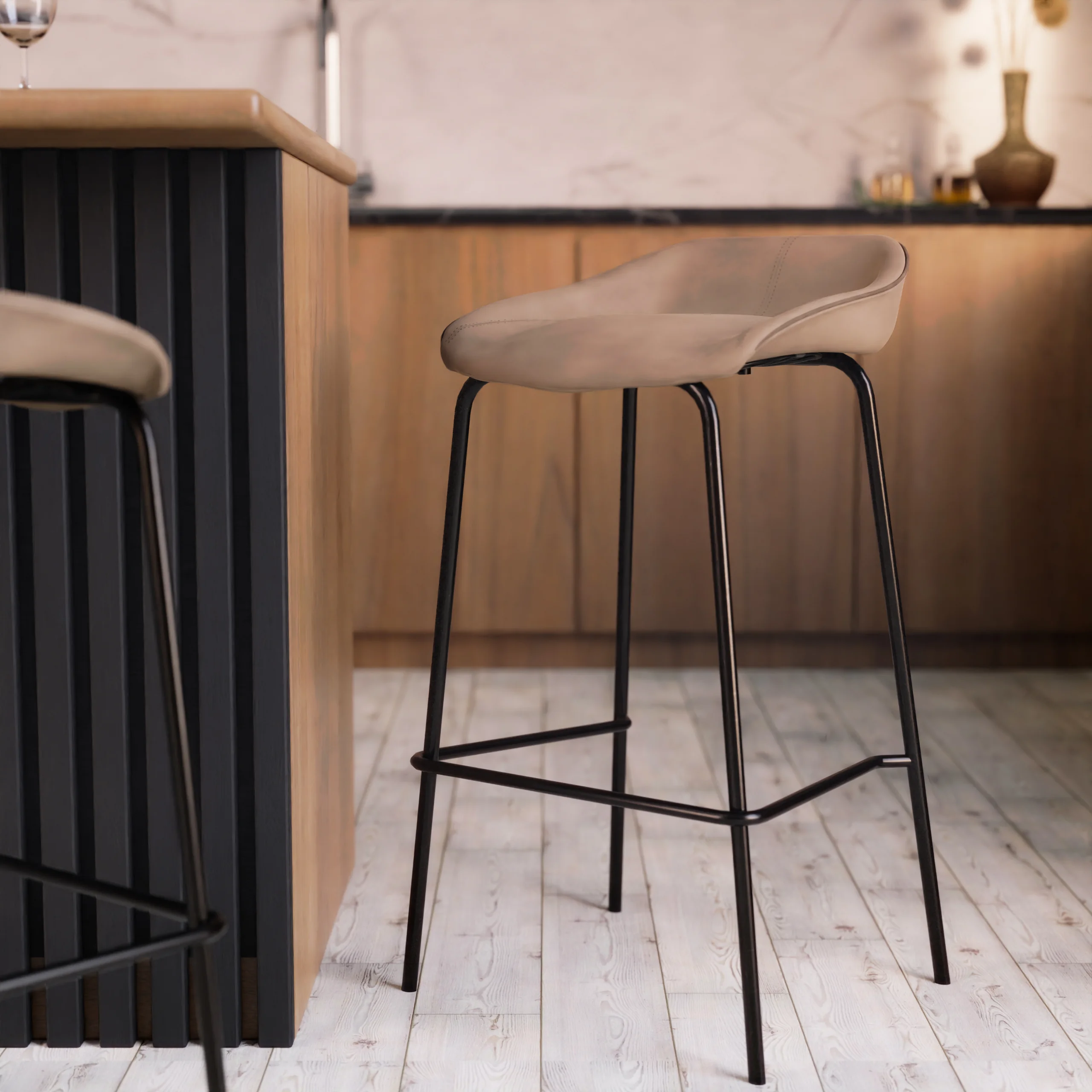 Servos Modern Barstool with Upholstered Faux Leather Seat and Powder Coated Iron Frame in Sand Brown