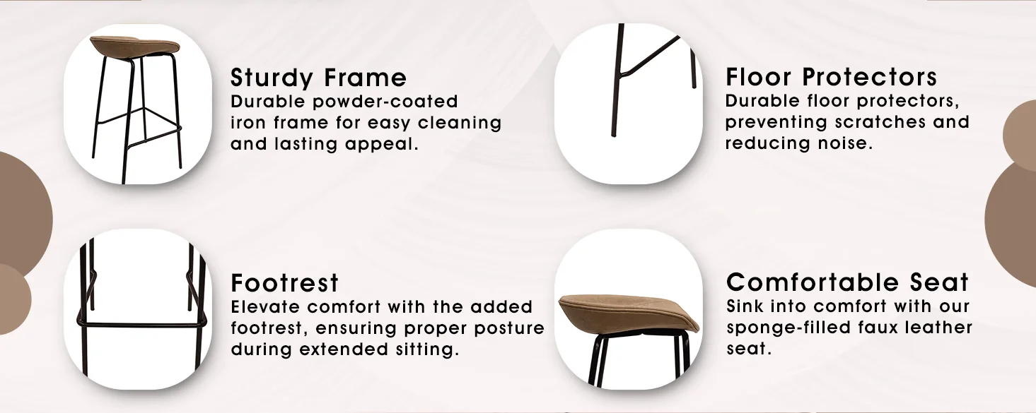 Servos Modern Barstool with Upholstered Faux Leather Seat and Powder Coated Iron Frame in Sand Brown