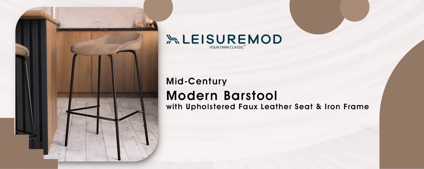 Servos Modern Barstool with Upholstered Faux Leather Seat and Powder Coated Iron Frame in Sand Brown