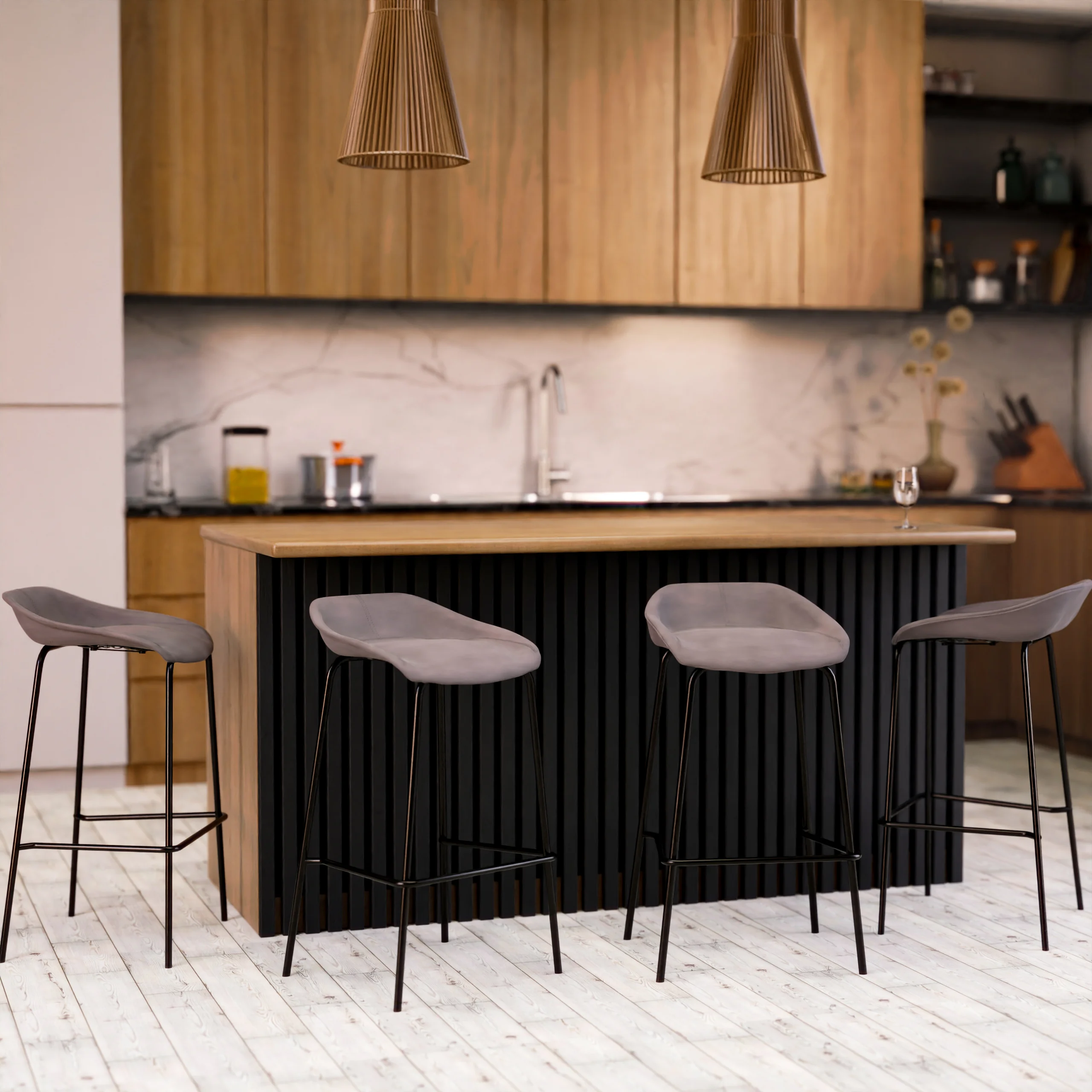 Servos Modern Barstool with Upholstered Faux Leather Seat and Powder Coated Iron Frame in Light Grey