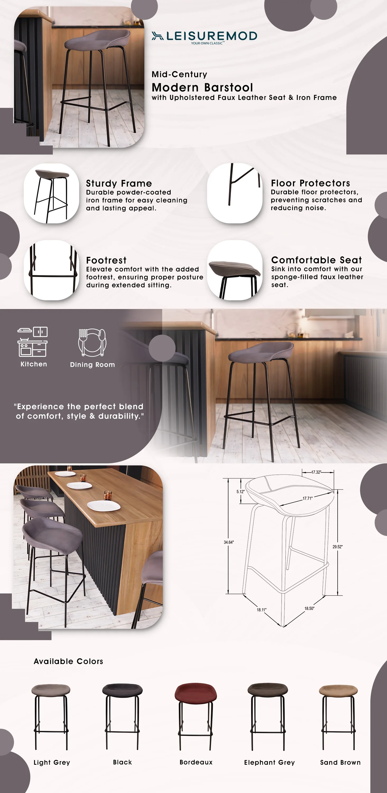 Servos Modern Barstool with Upholstered Faux Leather Seat and Powder Coated Iron Frame in Light Grey