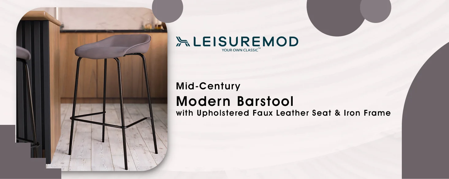 Servos Modern Barstool with Upholstered Faux Leather Seat and Powder Coated Iron Frame in Light Grey