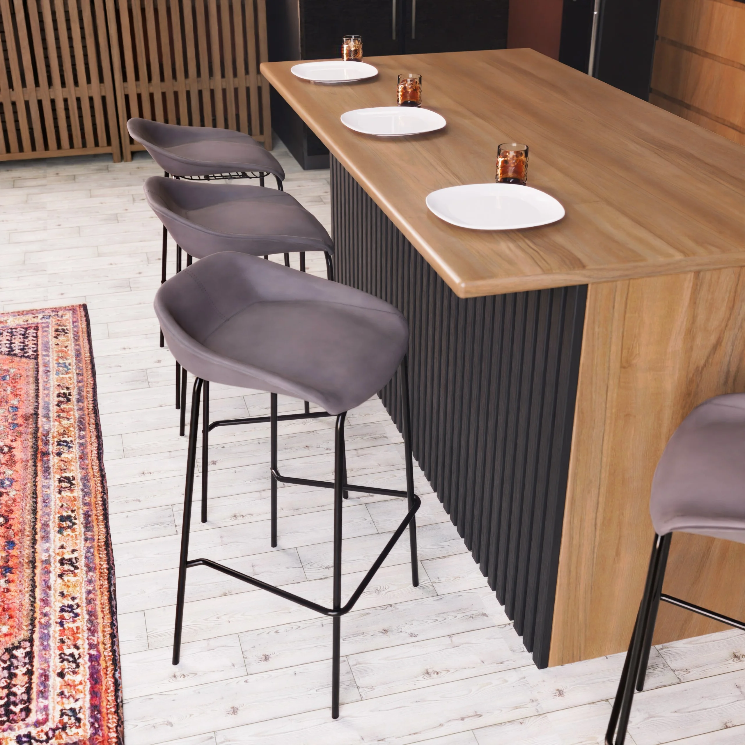 Servos Modern Barstool with Upholstered Faux Leather Seat and Powder Coated Iron Frame in Light Grey