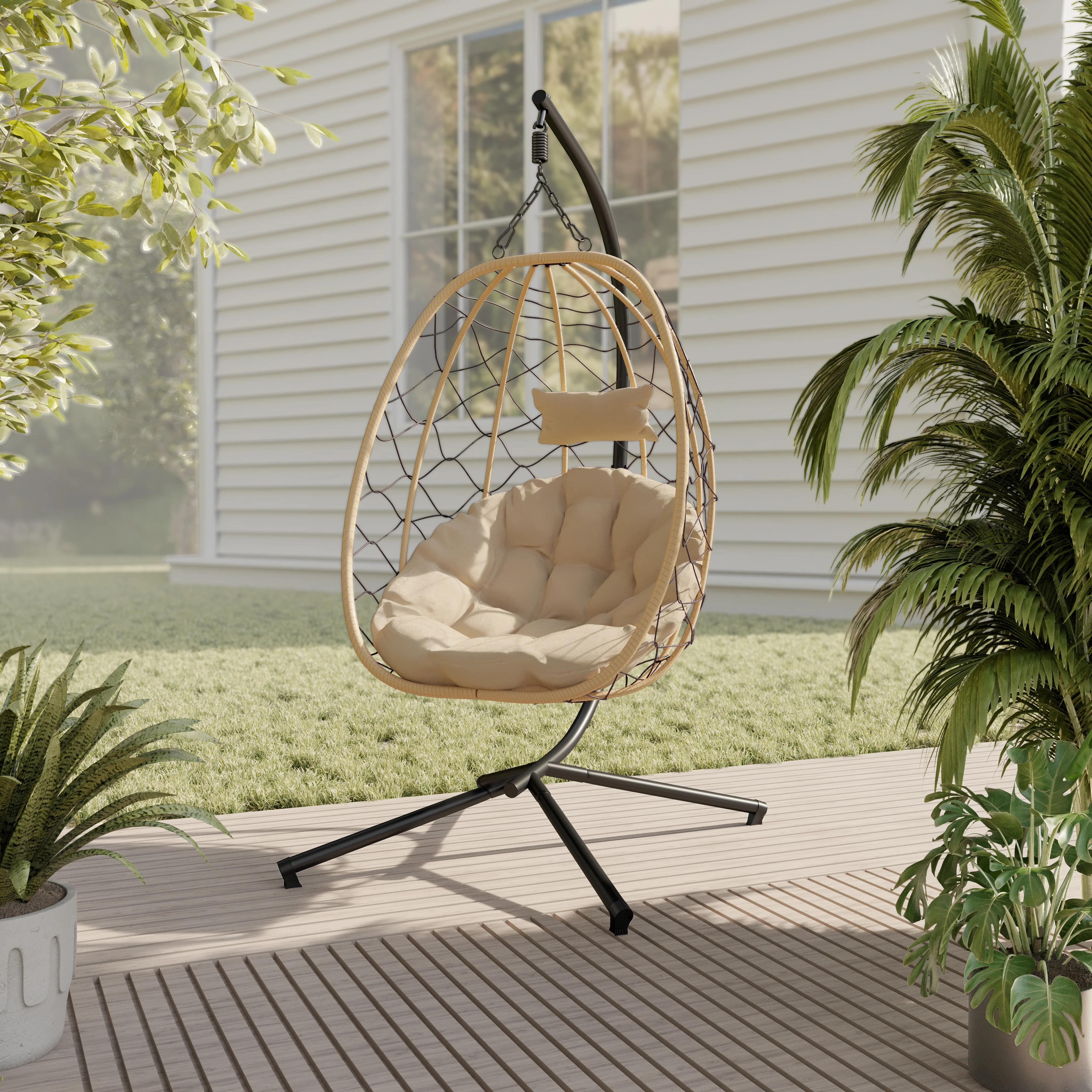 Summit Series Outdoor Egg Swing Chair In Brwon With Beige Cushions