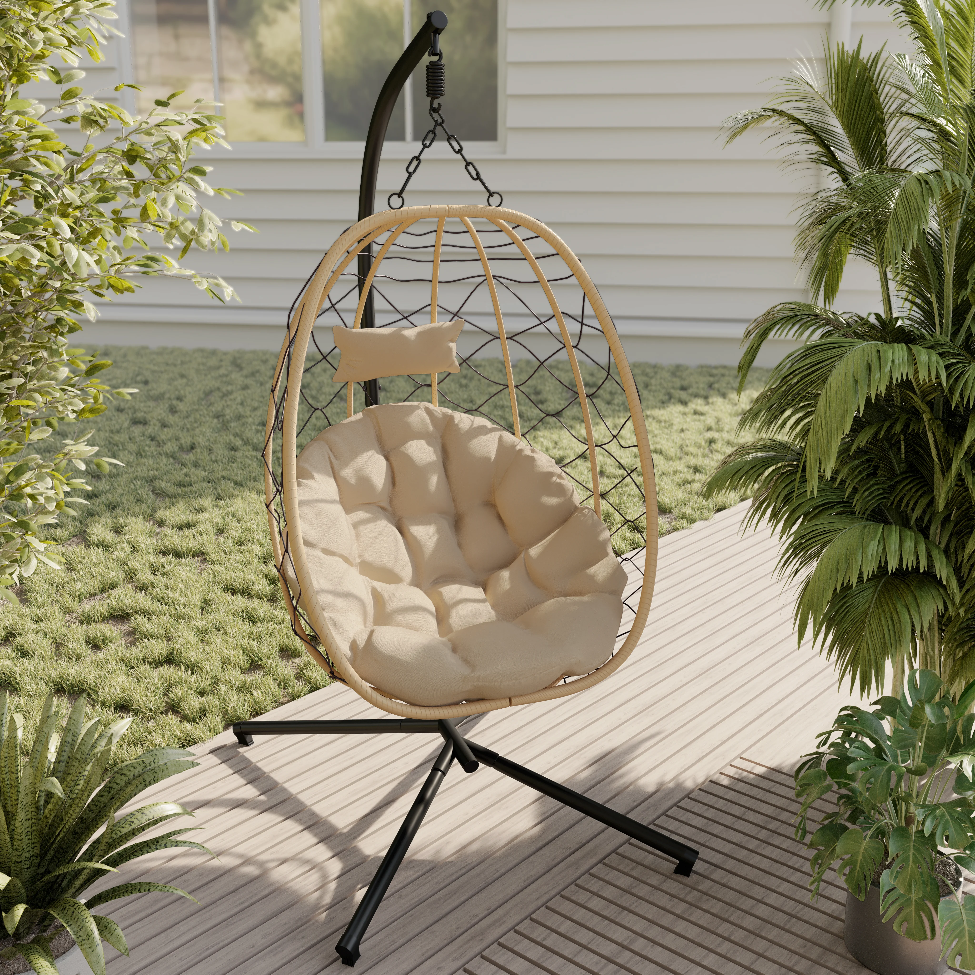 Summit Series Outdoor Egg Swing Chair In Brwon With Beige Cushions