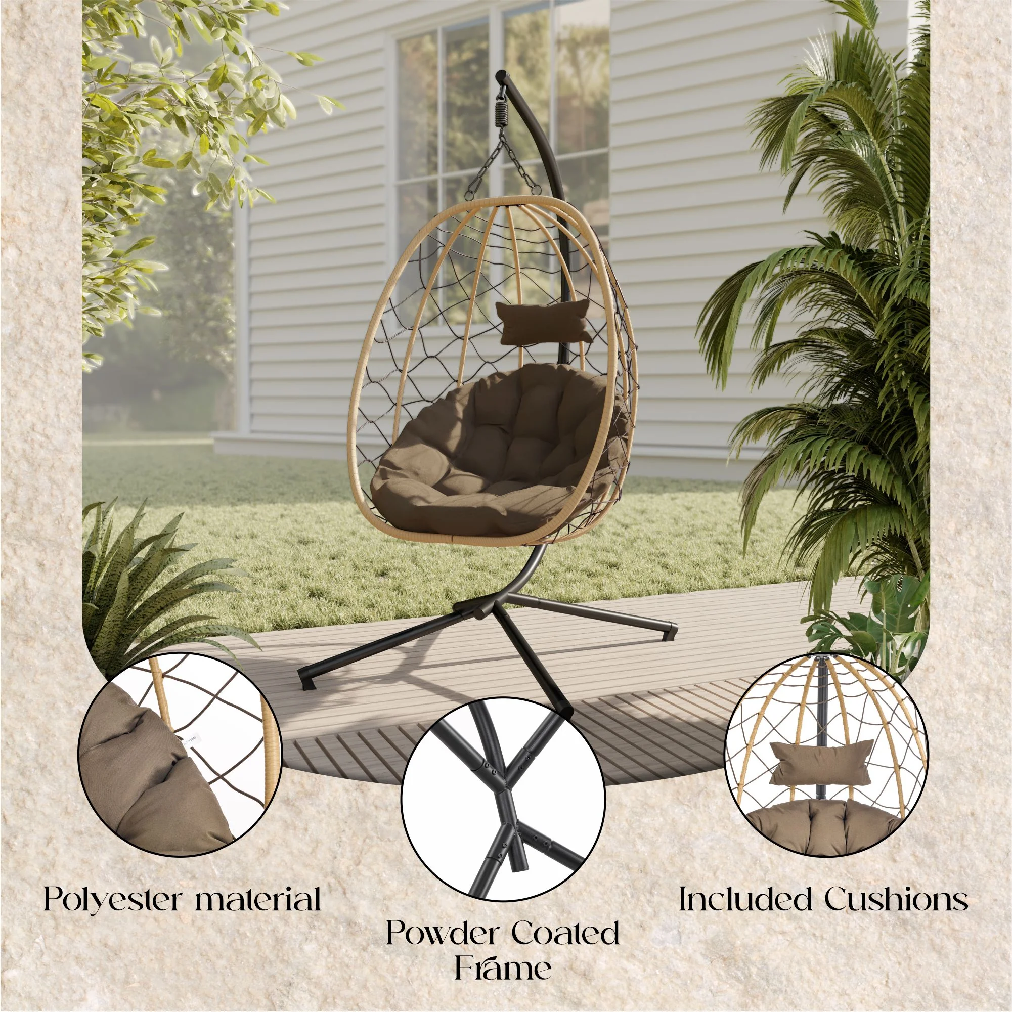 Summit Series Outdoor Egg Swing Chair In Brwon With Bown Cushions