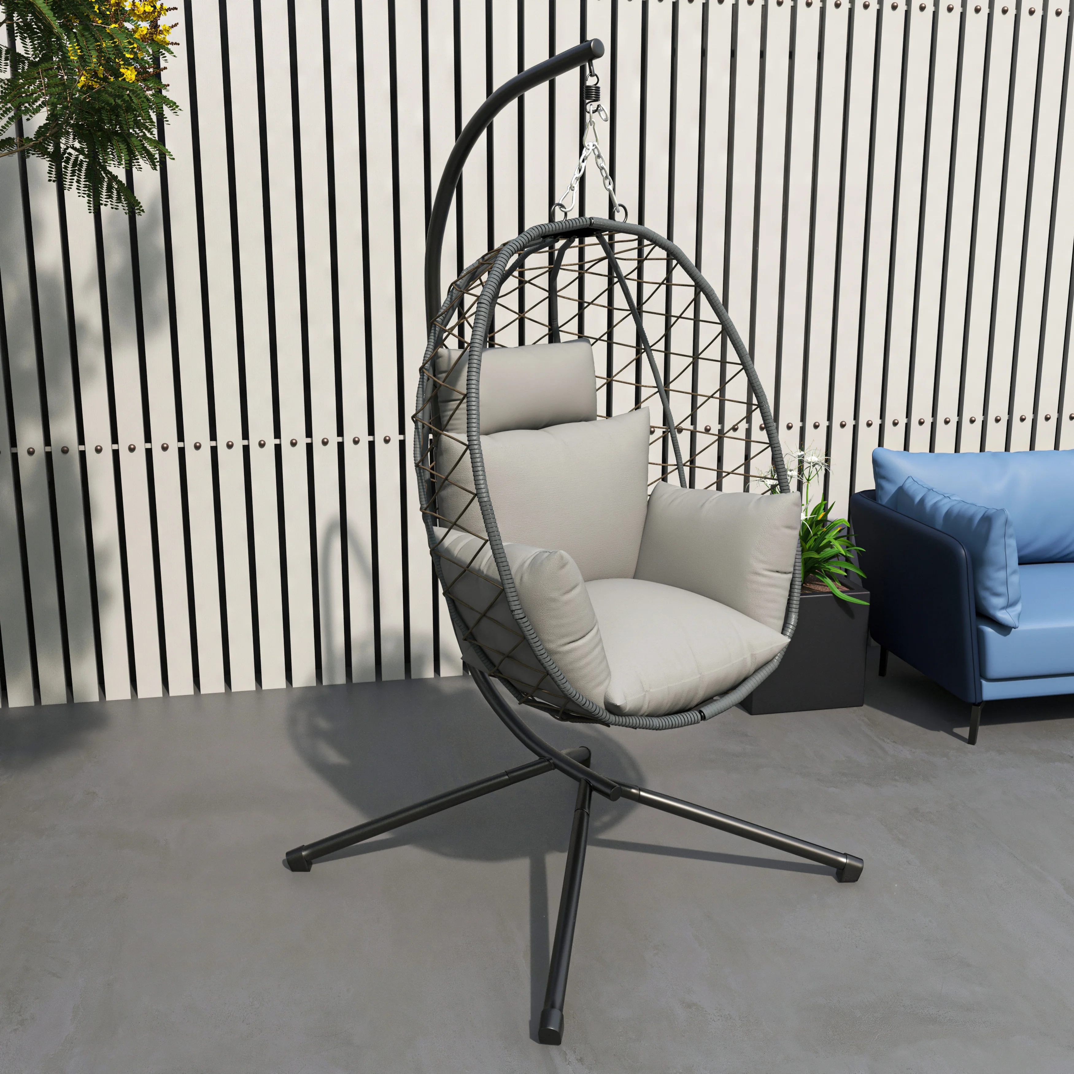 Summit Mid-Century Modern Outdoor Single Person Egg Swing Chair in Grey Steel Frame With Removable Cushions