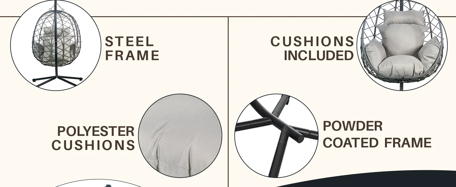 Summit Mid-Century Modern Outdoor Single Person Egg Swing Chair in Grey Steel Frame With Removable Cushions