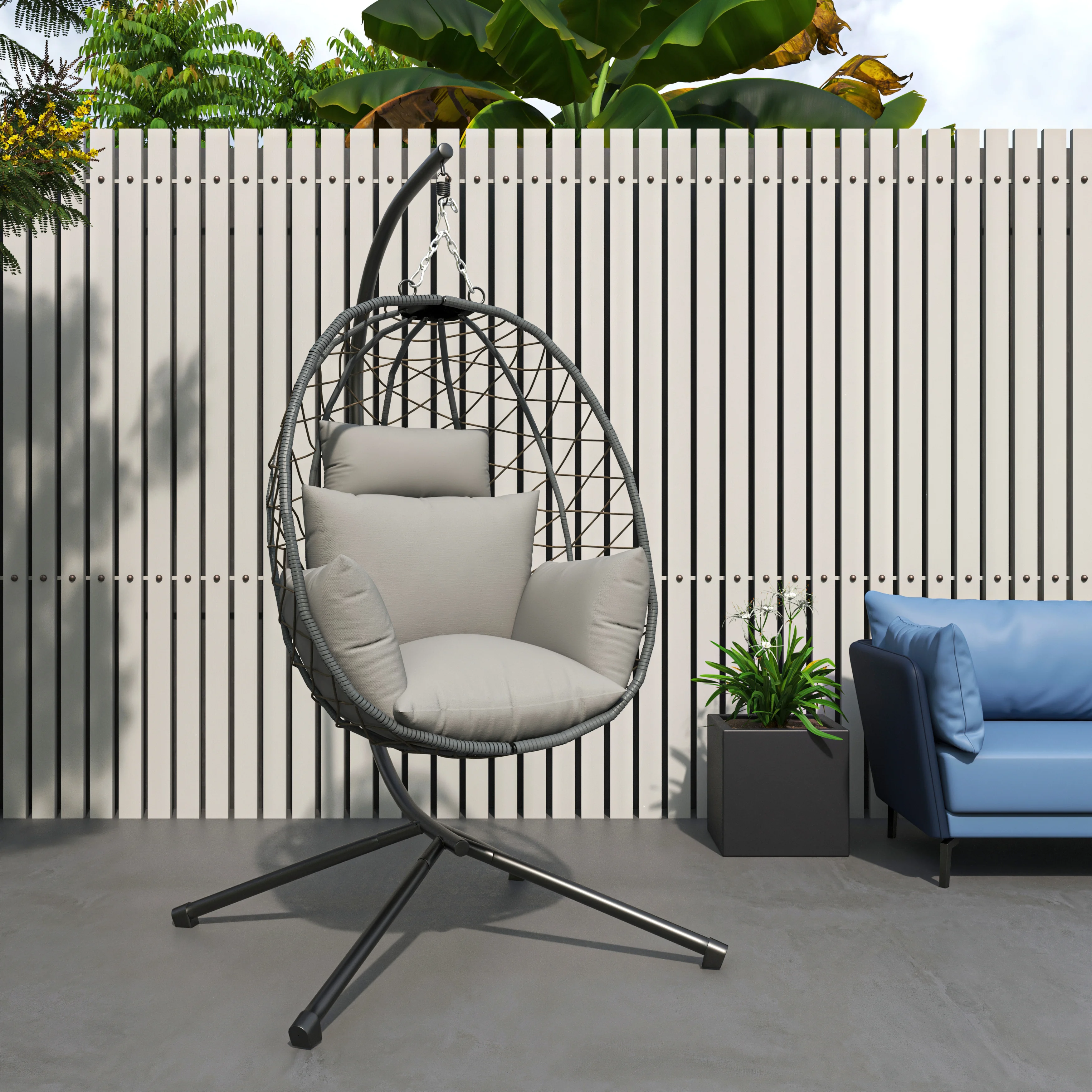 Summit Mid-Century Modern Outdoor Single Person Egg Swing Chair in Grey Steel Frame With Removable Cushions