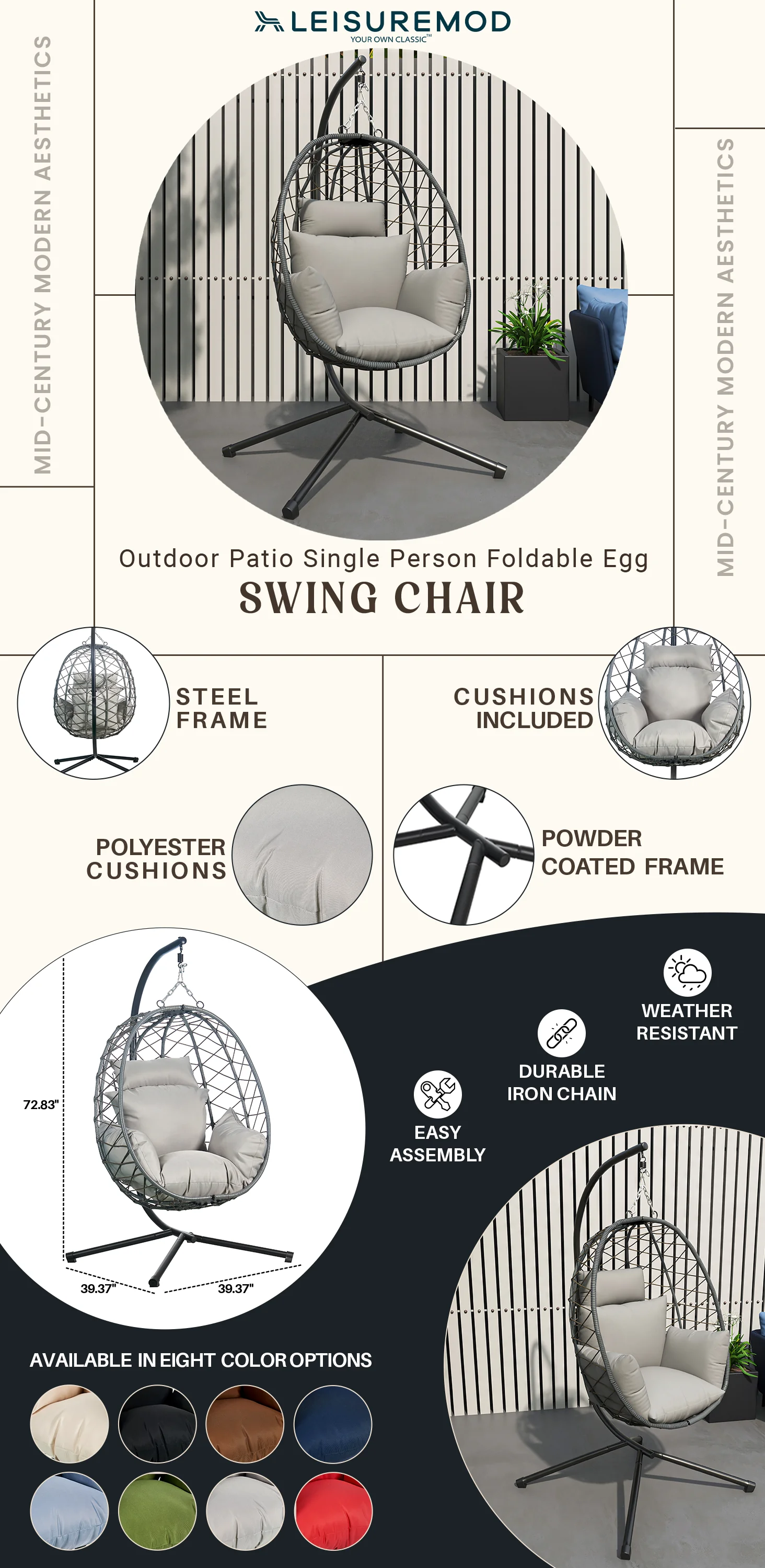 Summit Mid-Century Modern Outdoor Single Person Egg Swing Chair in Grey Steel Frame With Removable Cushions
