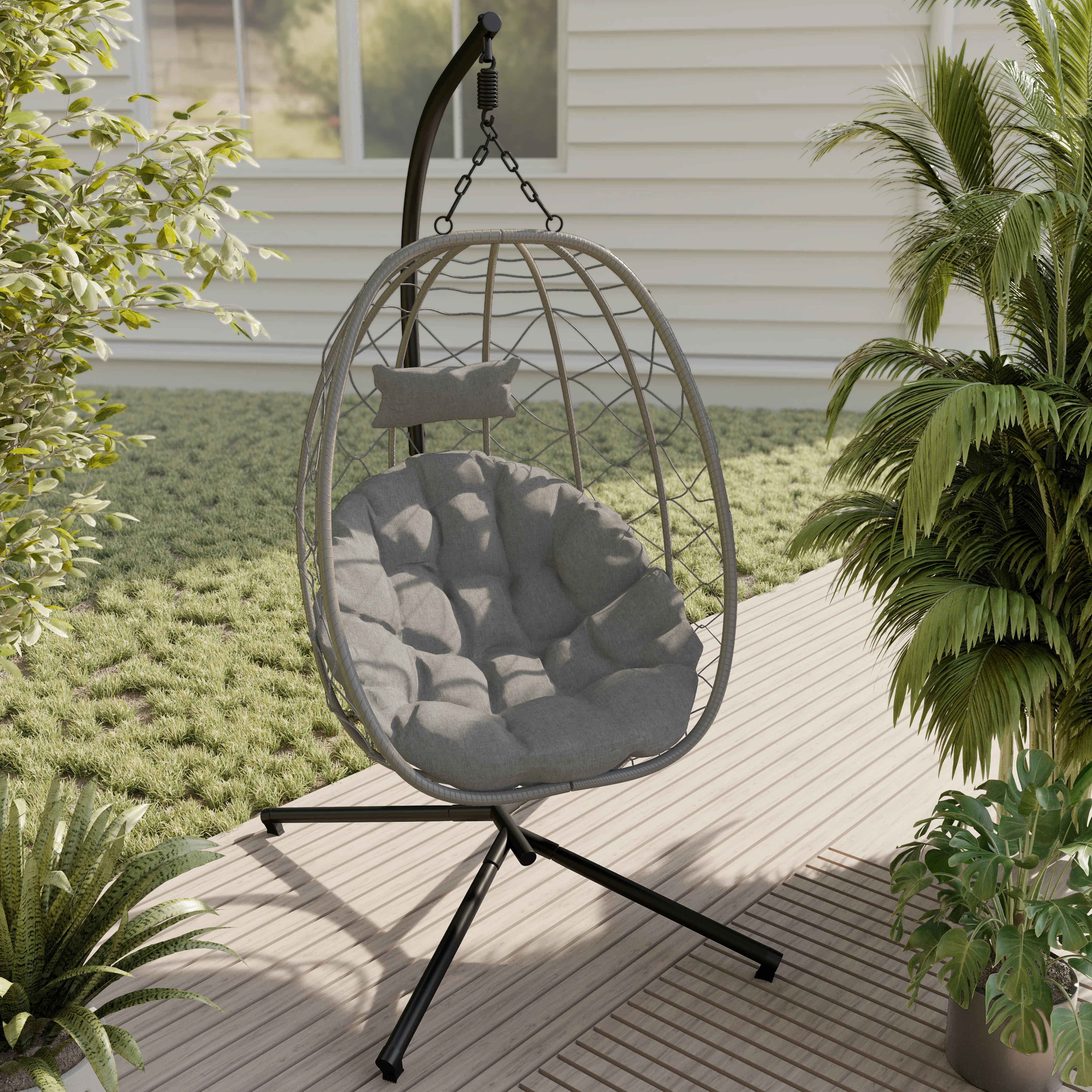Summit Series Outdoor Egg Swing Chair In Grey With Light Grey Cushions