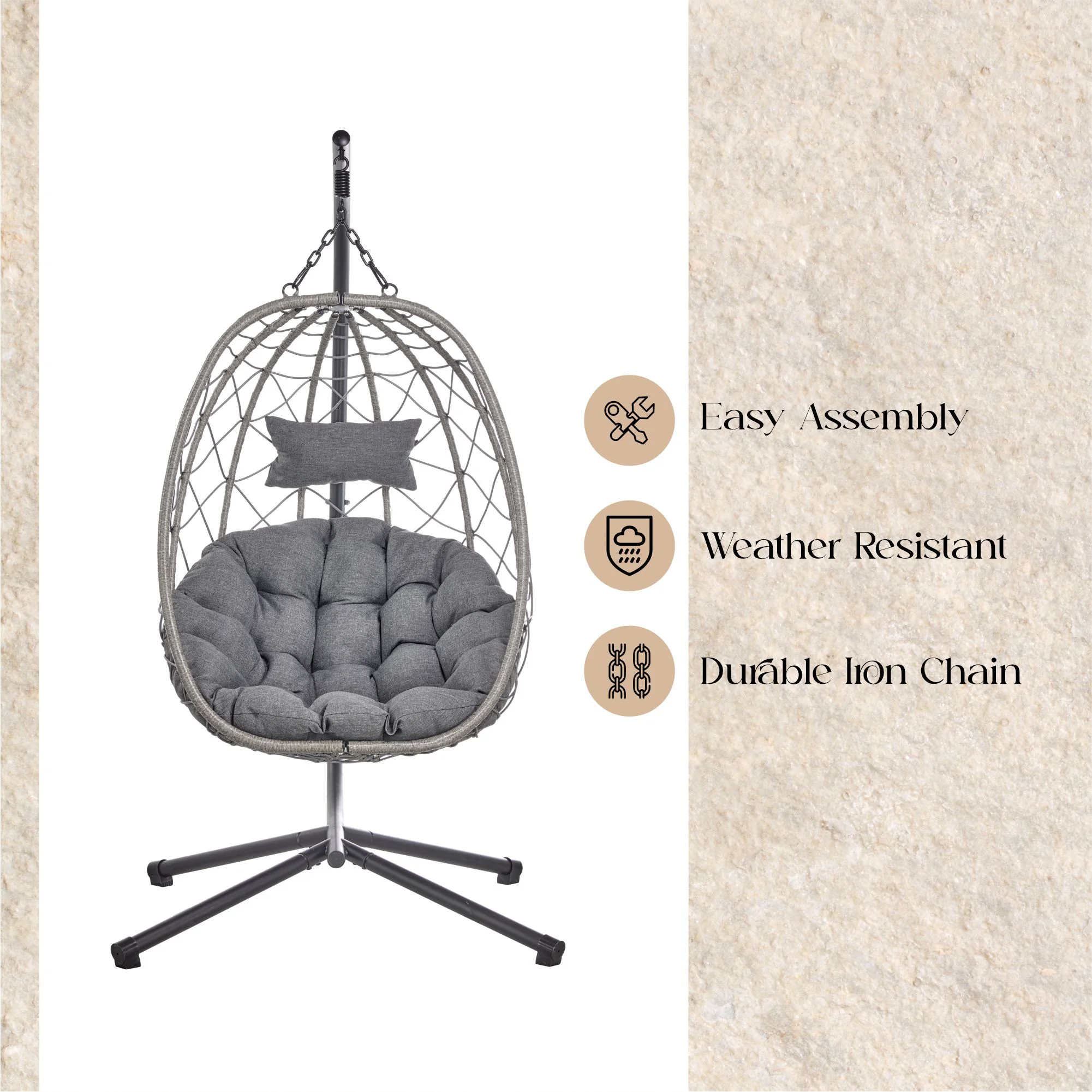 Summit Series Outdoor Egg Swing Chair In Grey With Light Grey Cushions